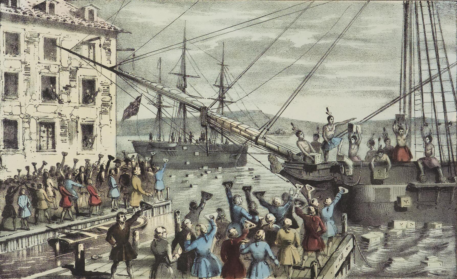 Men in Indigenous dress empty tea chests from a ship while sailors and onlookers crowd the harbor scene.