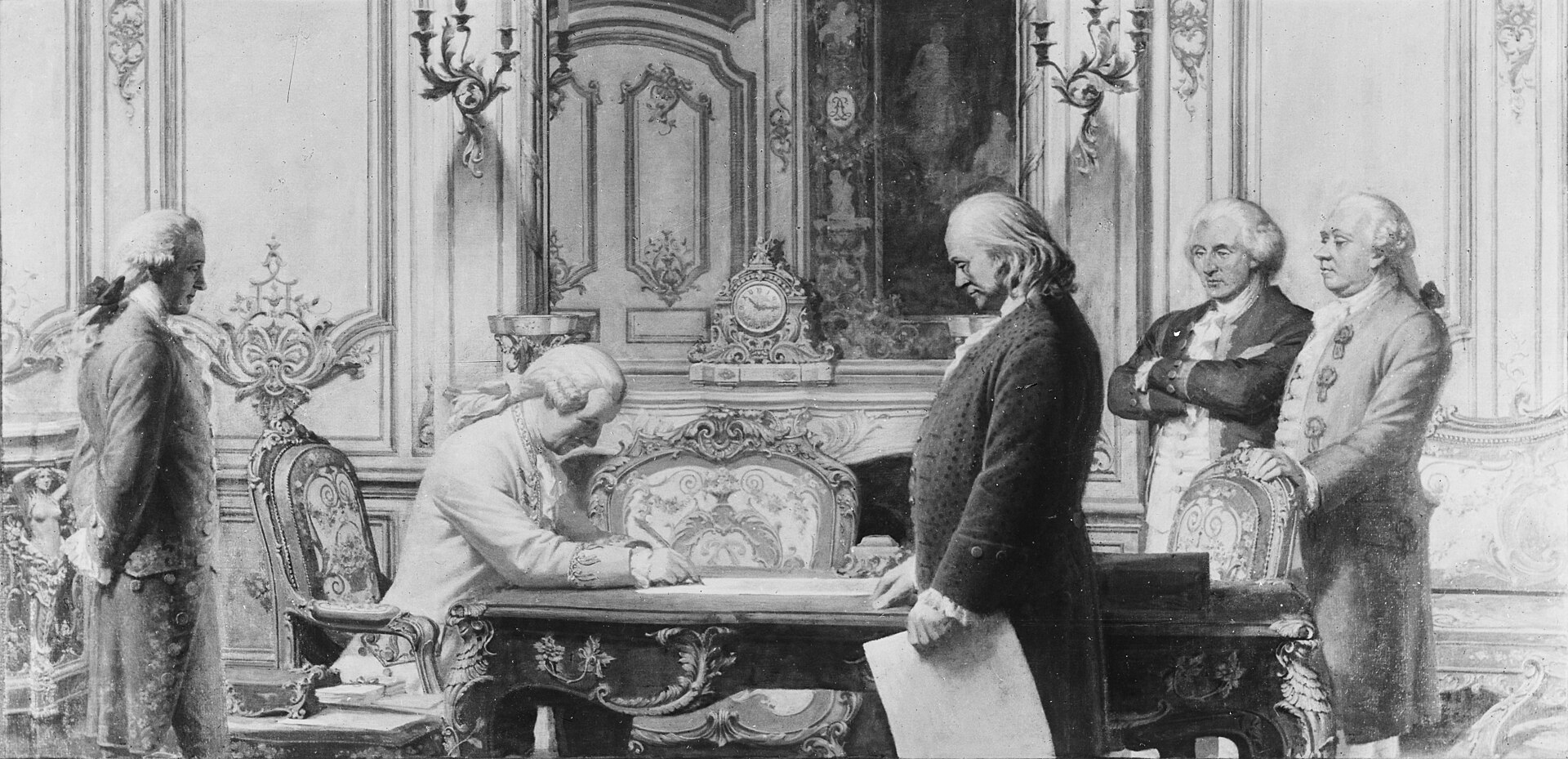 French and American diplomats sit around a table as Benjamin Franklin holds the treaty beside the central signer.
