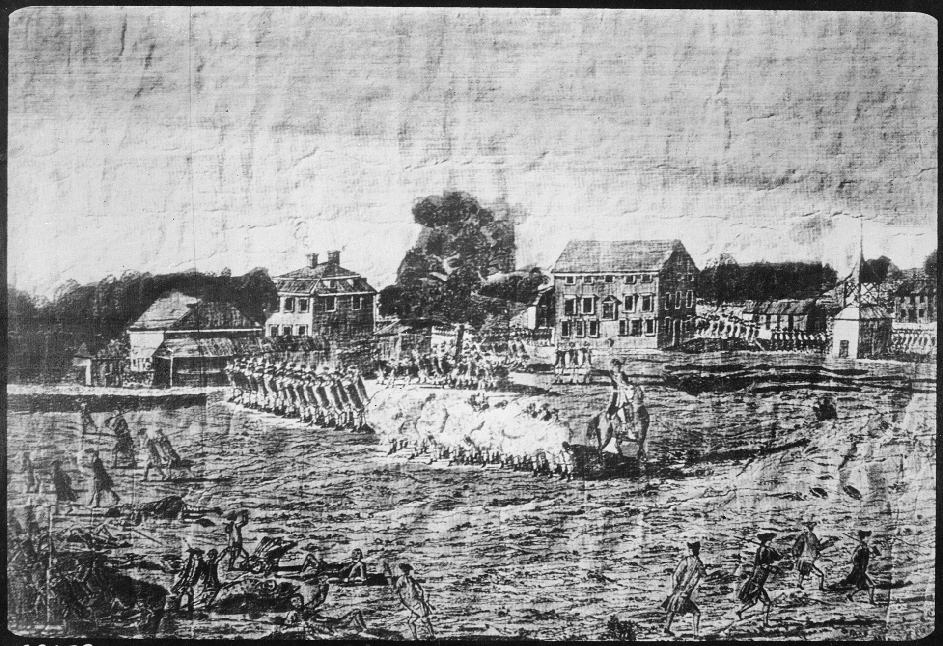 British regulars fire across Lexington Green as militia scatter among houses beneath drifting gun smoke.