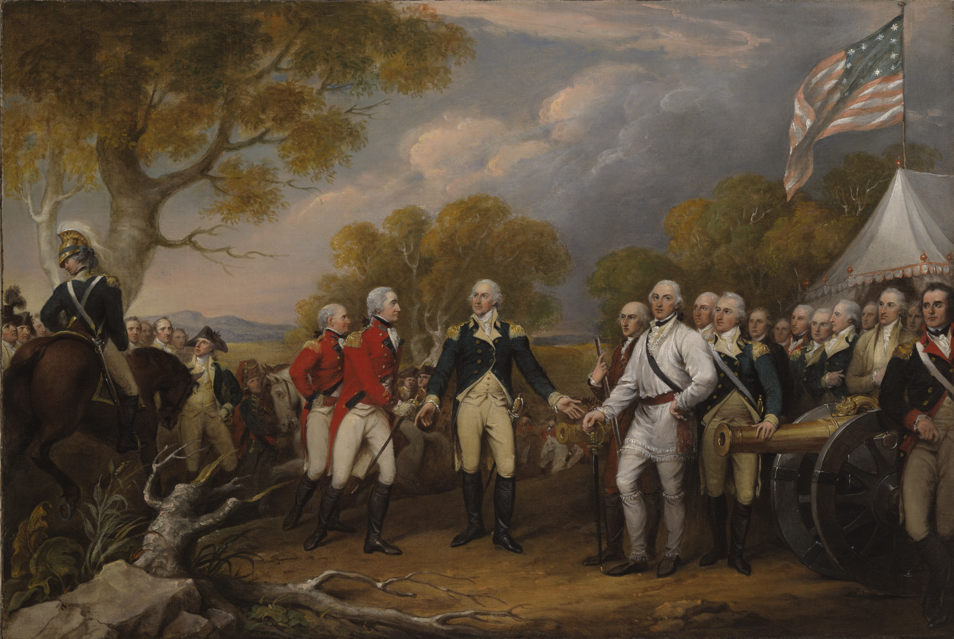 British General Burgoyne faces Horatio Gates among assembled officers as troops and cannon stretch across the field.
