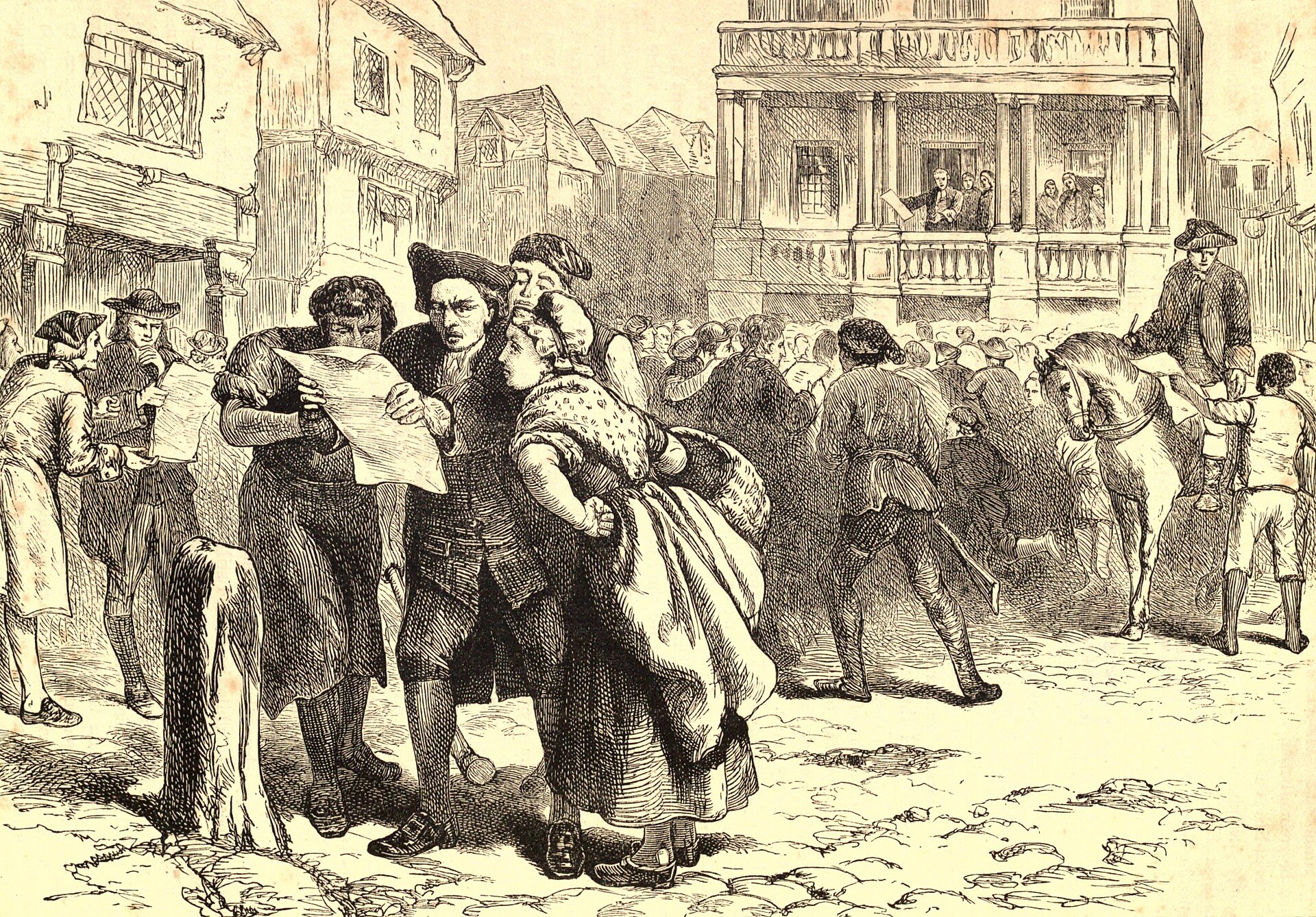 A crowd of colonial men gathers around a posted paper while ships and Boston buildings fill the background.