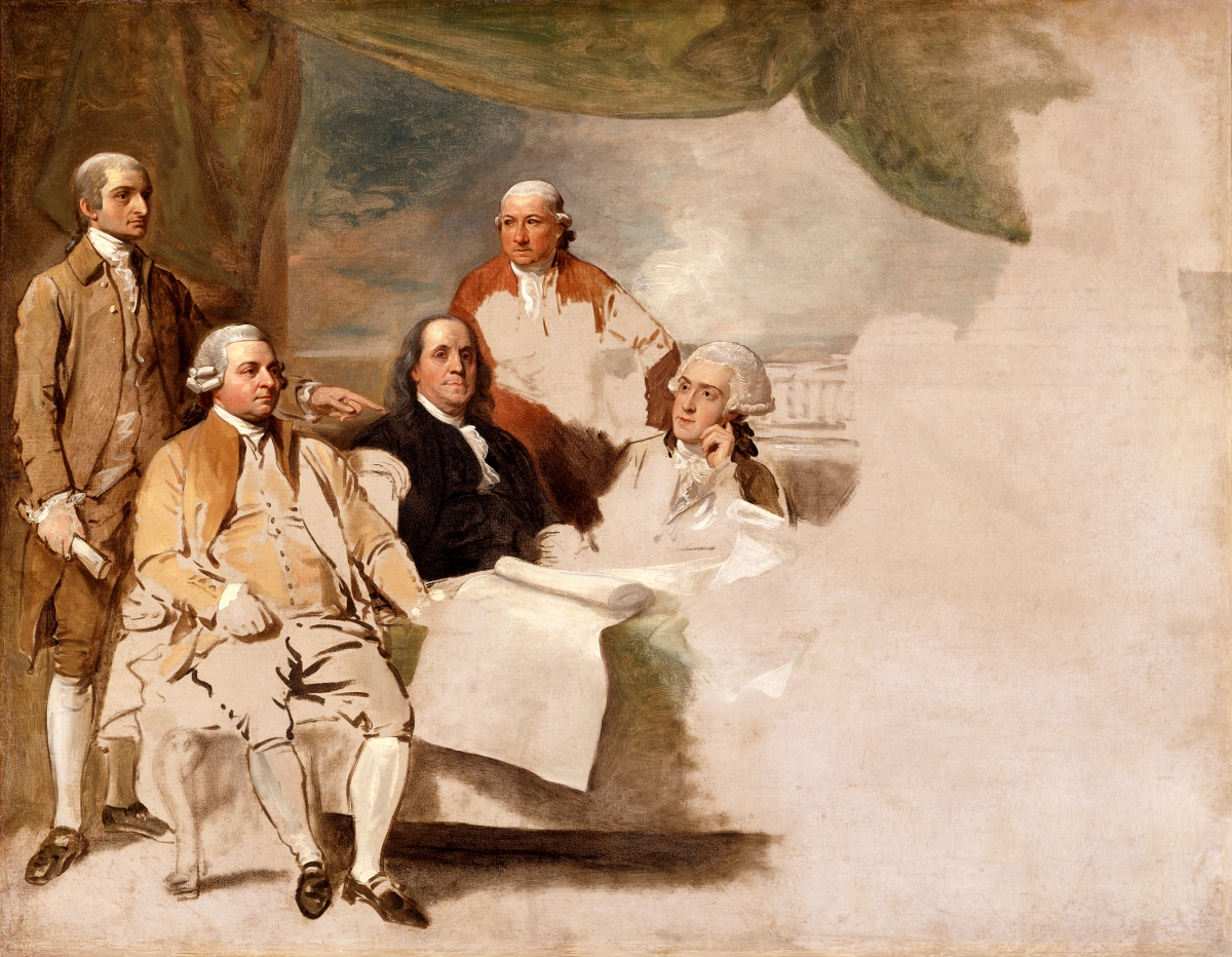 Five American commissioners sit and stand on the left side of an unfinished canvas whose right half remains blank.