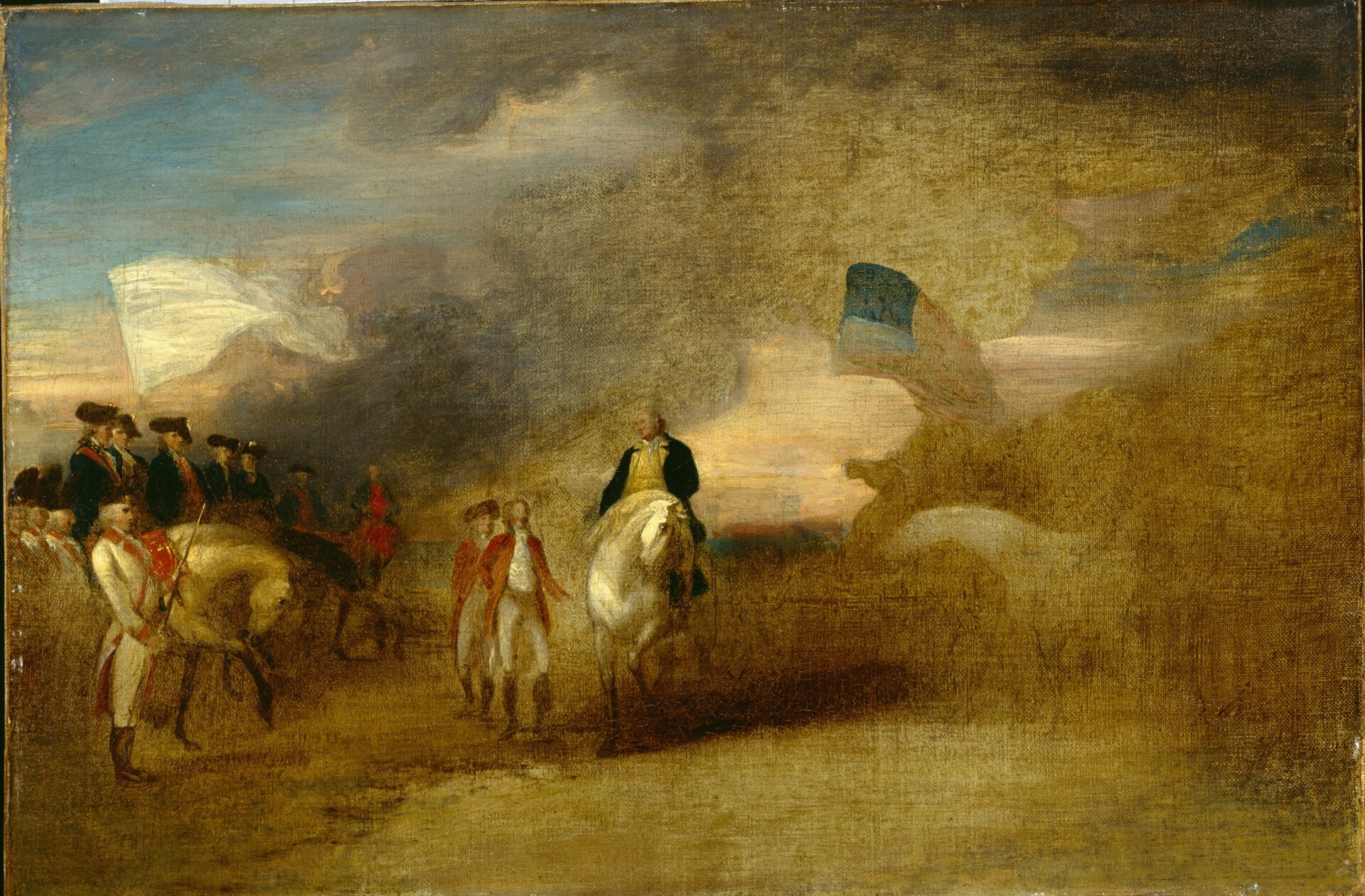 A British officer offers a sword between aligned French and American troops as flags rise over the field.