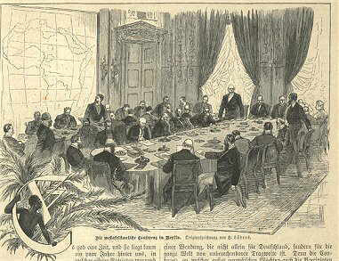 European representatives sit and stand around a horseshoe-shaped table at the Berlin Conference.