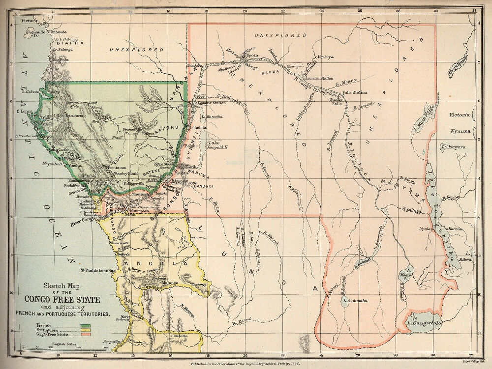 An 1885 map outlines the Congo Free State and neighboring French and Portuguese territories.