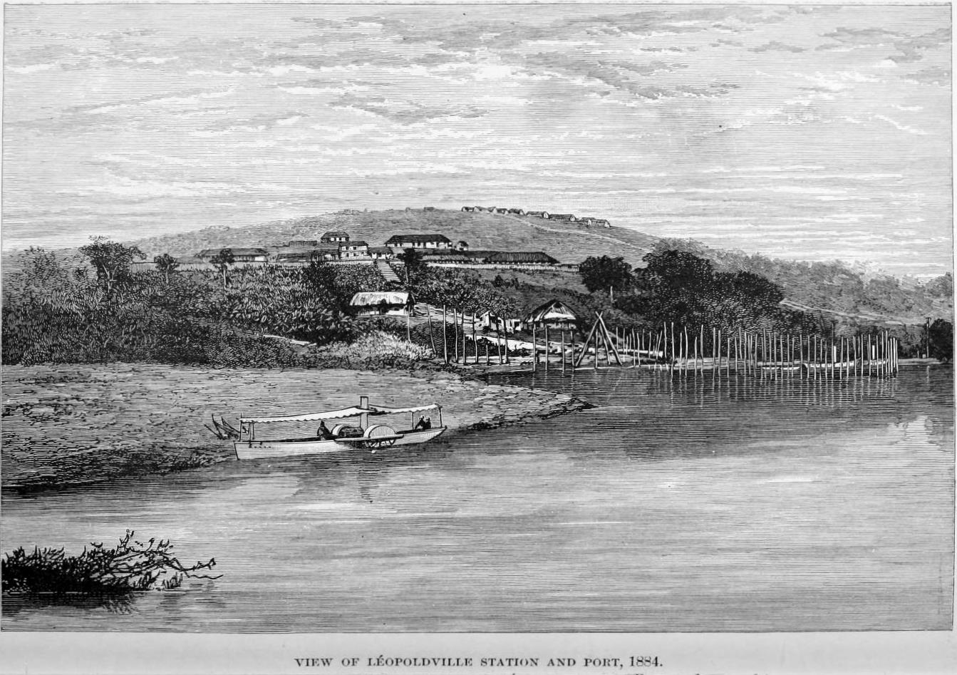 An engraved view shows Leopoldville station beside the Congo River, with buildings and boats along the shore.