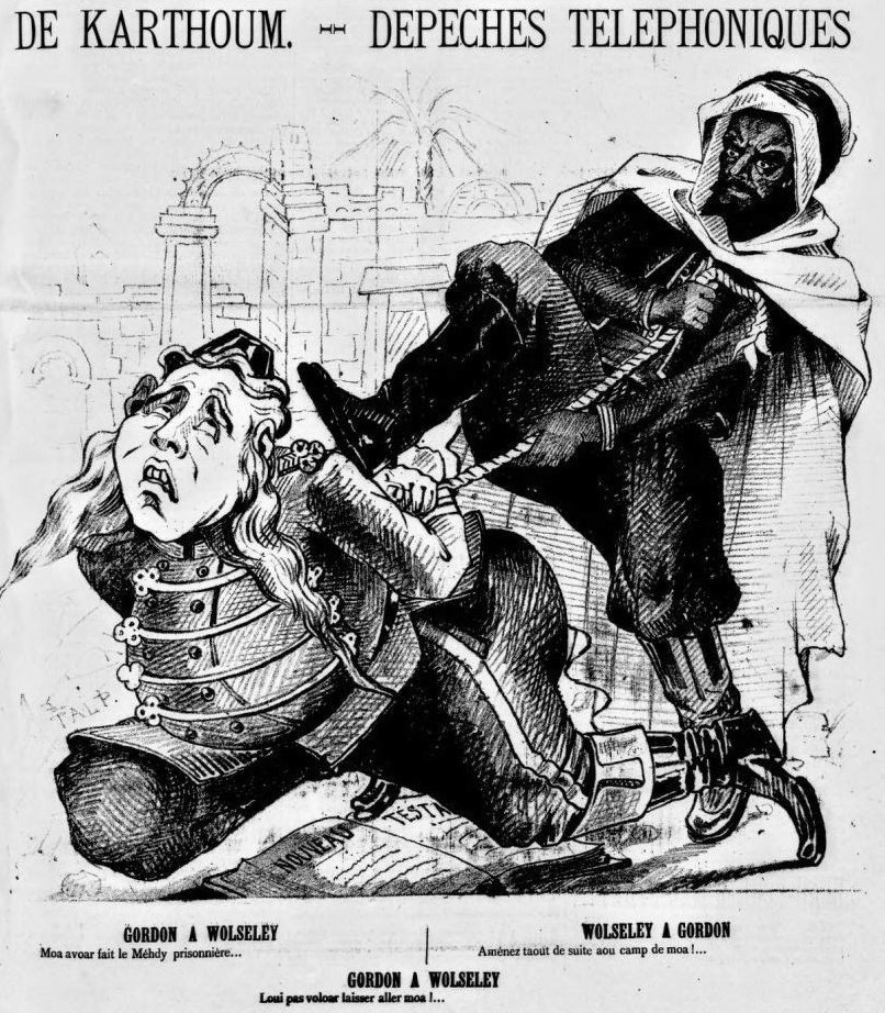 A French political cartoon depicts General Gordon and the Mahdi after the fall of Khartoum.