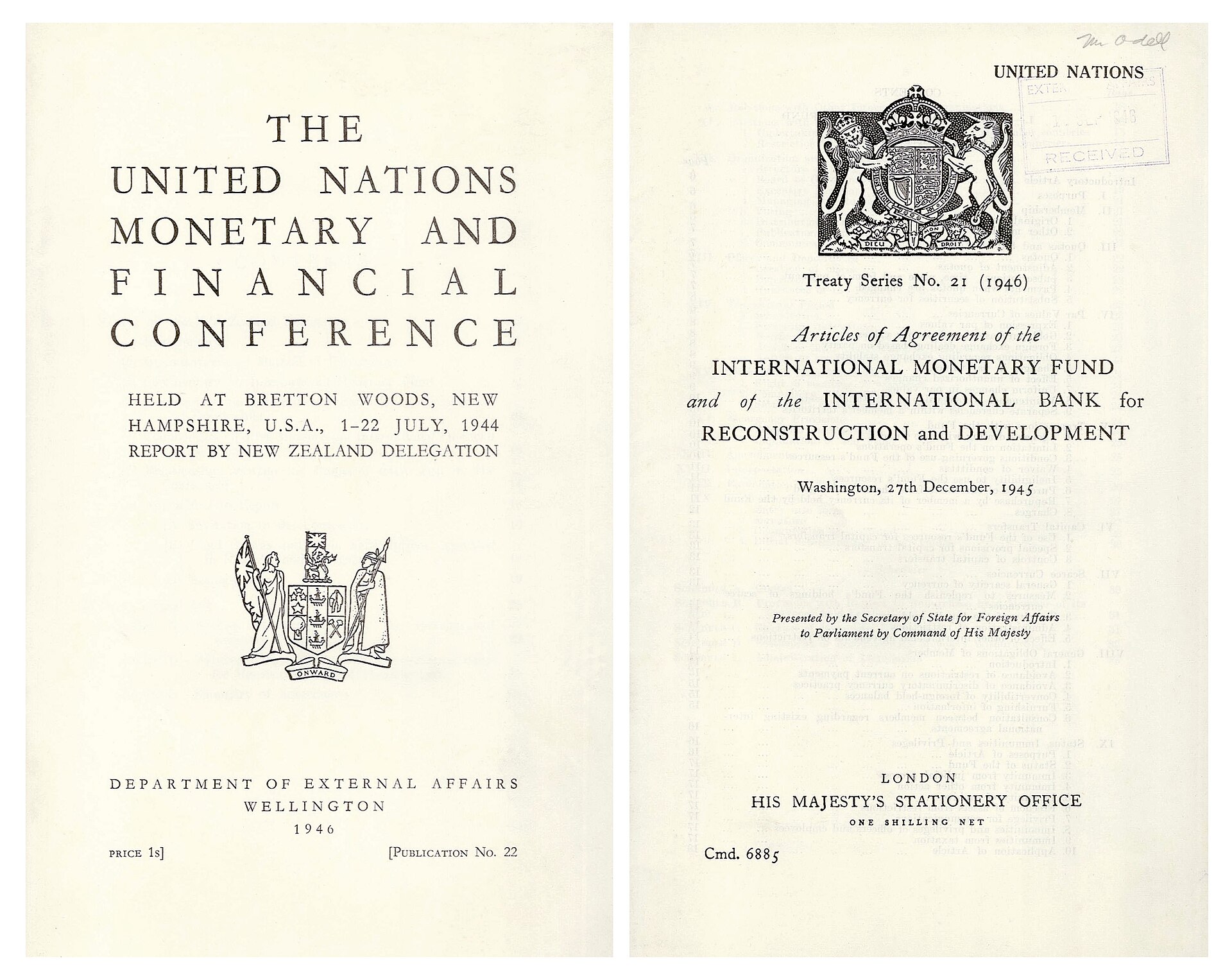An archival record marks the creation of the International Monetary Fund in December 1945.