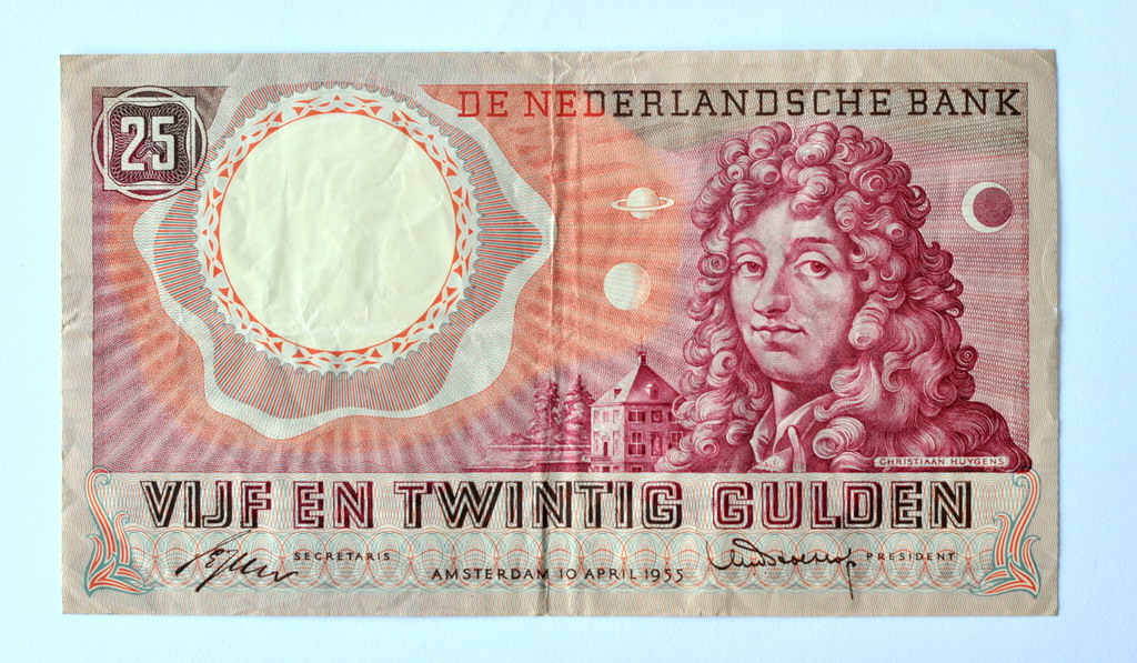 A Dutch twenty-five guilder banknote printed in 1955 bears a portrait of Christiaan Huygens.