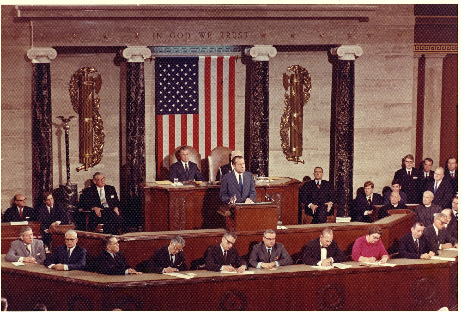 President Richard Nixon speaks from the rostrum of the United States House of Representatives in 1971.