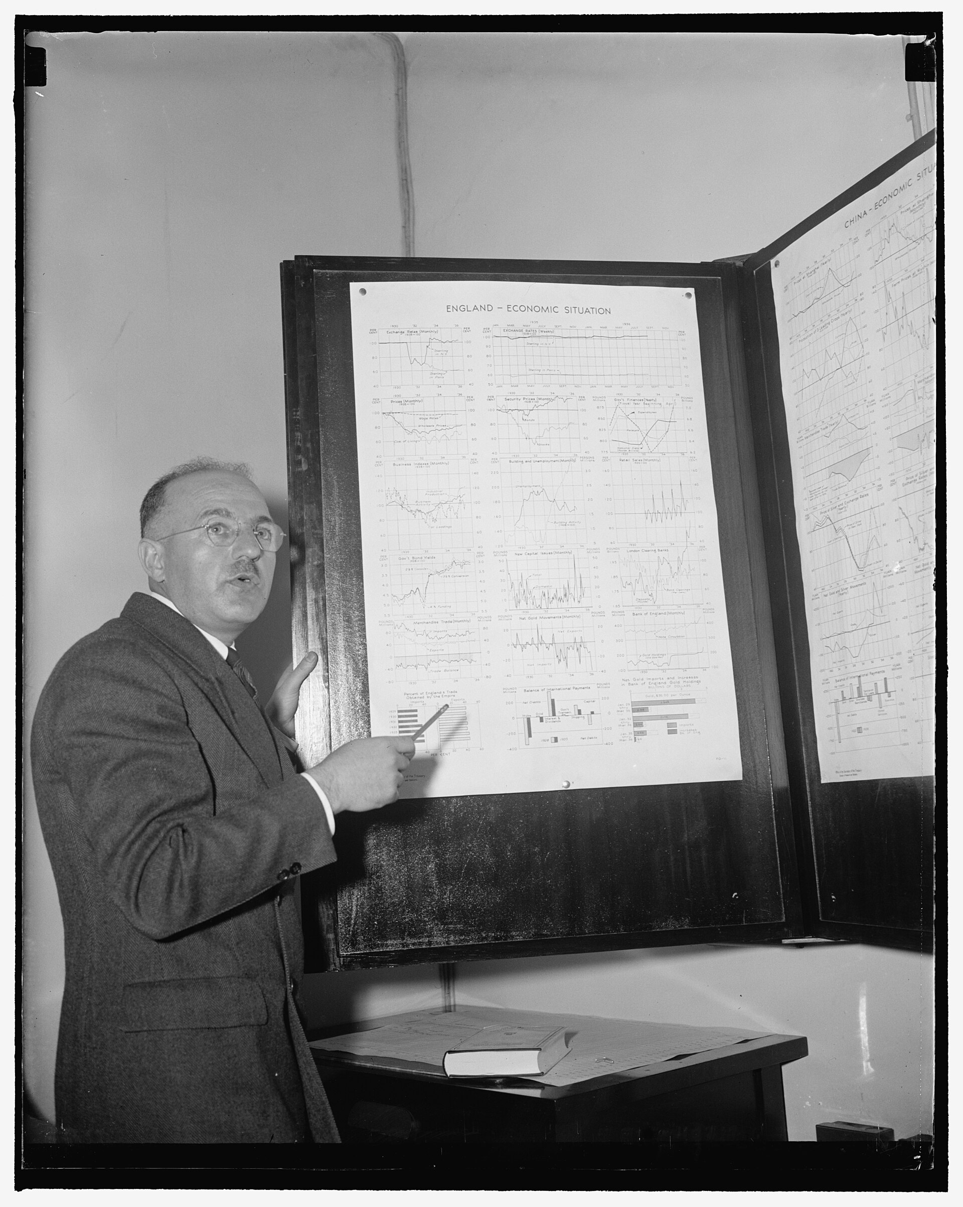 Harry Dexter White sits behind a desk at the United States Treasury.