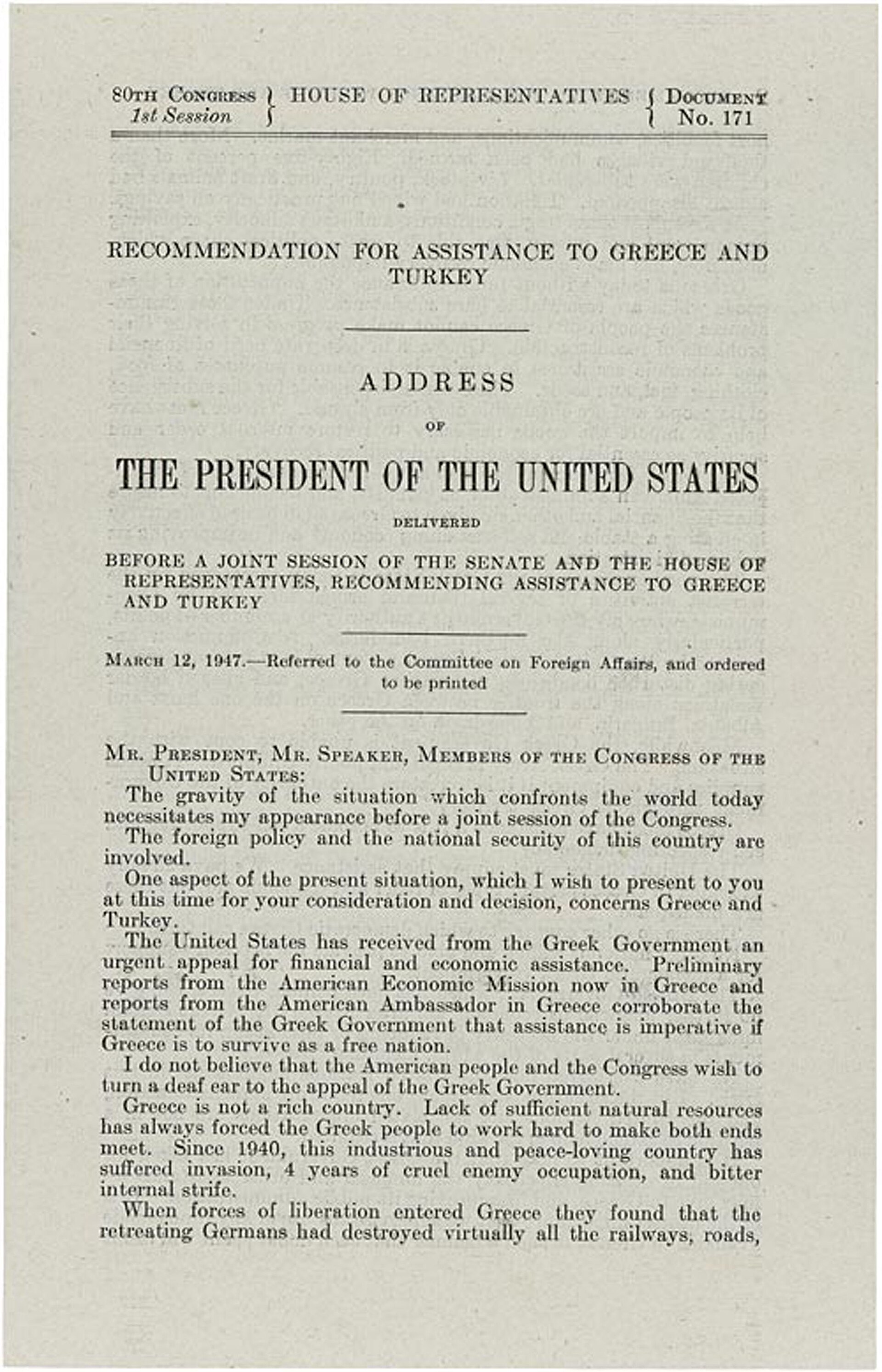 A portrait page of typed text begins President Truman's message to Congress with a centred official heading.