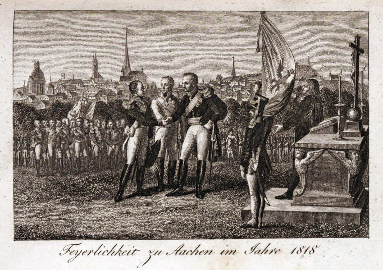 The monarchs of Russia, Austria, and Prussia stand together during an outdoor religious service.
