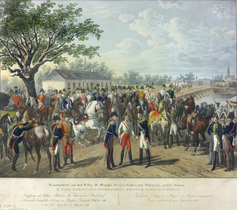 Emperor Francis I receives the Russian and Prussian monarchs before a crowd outside Vienna.