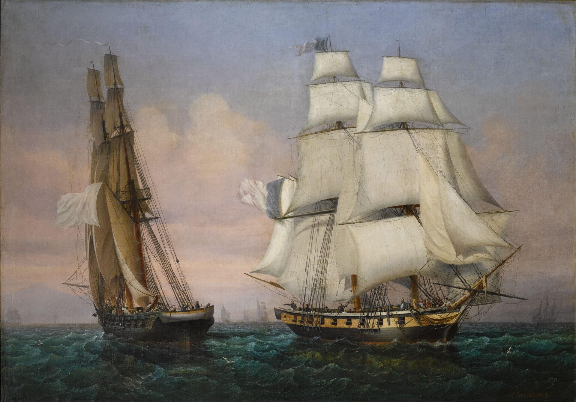 Napoleon stands in a small boat as sailors row away from the mountainous coast of Elba.