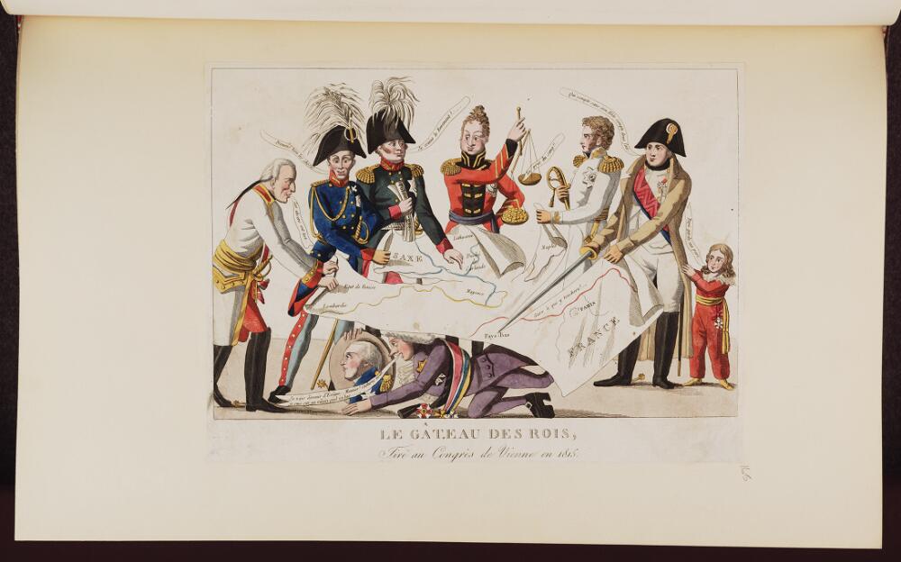 European rulers and diplomats cut and weigh pieces of a map spread across a table.