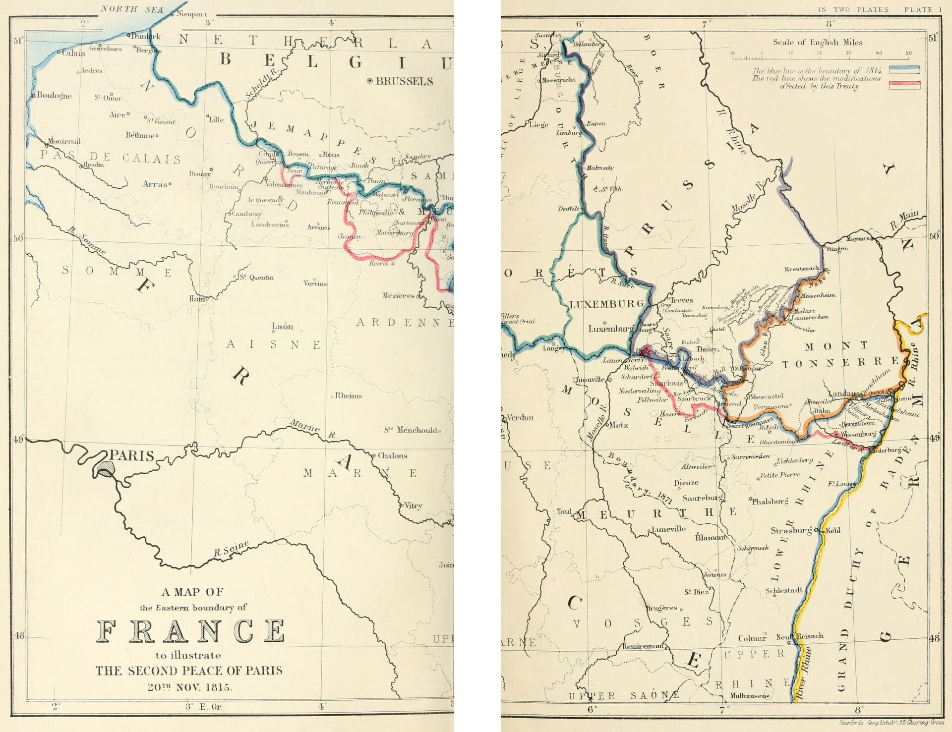 A detailed map traces France's eastern frontier after the second Treaty of Paris.