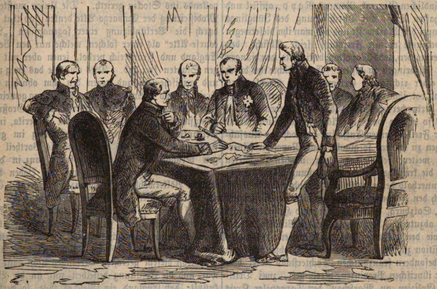 Delegates sit and stand around a table during the Congress of Verona.