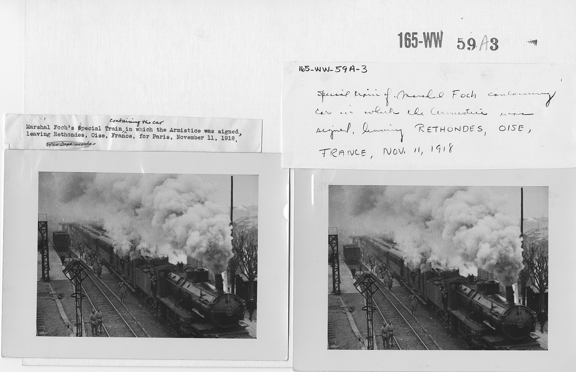 A railway train carrying Marshal Foch departs the forest clearing where the armistice was signed.