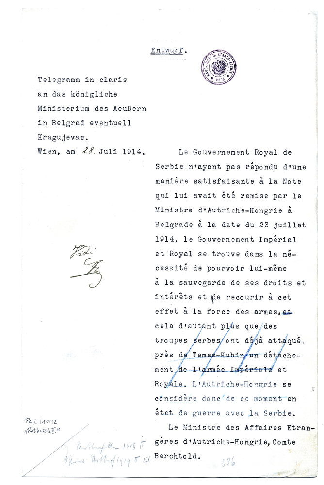 A handwritten German-language draft declaration fills a cream sheet marked with edits and signatures.