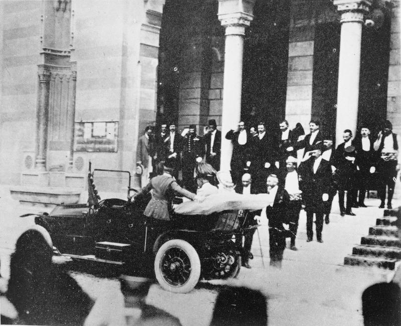 Archduke Franz Ferdinand and Sophie walk past officials during their visit to Sarajevo.