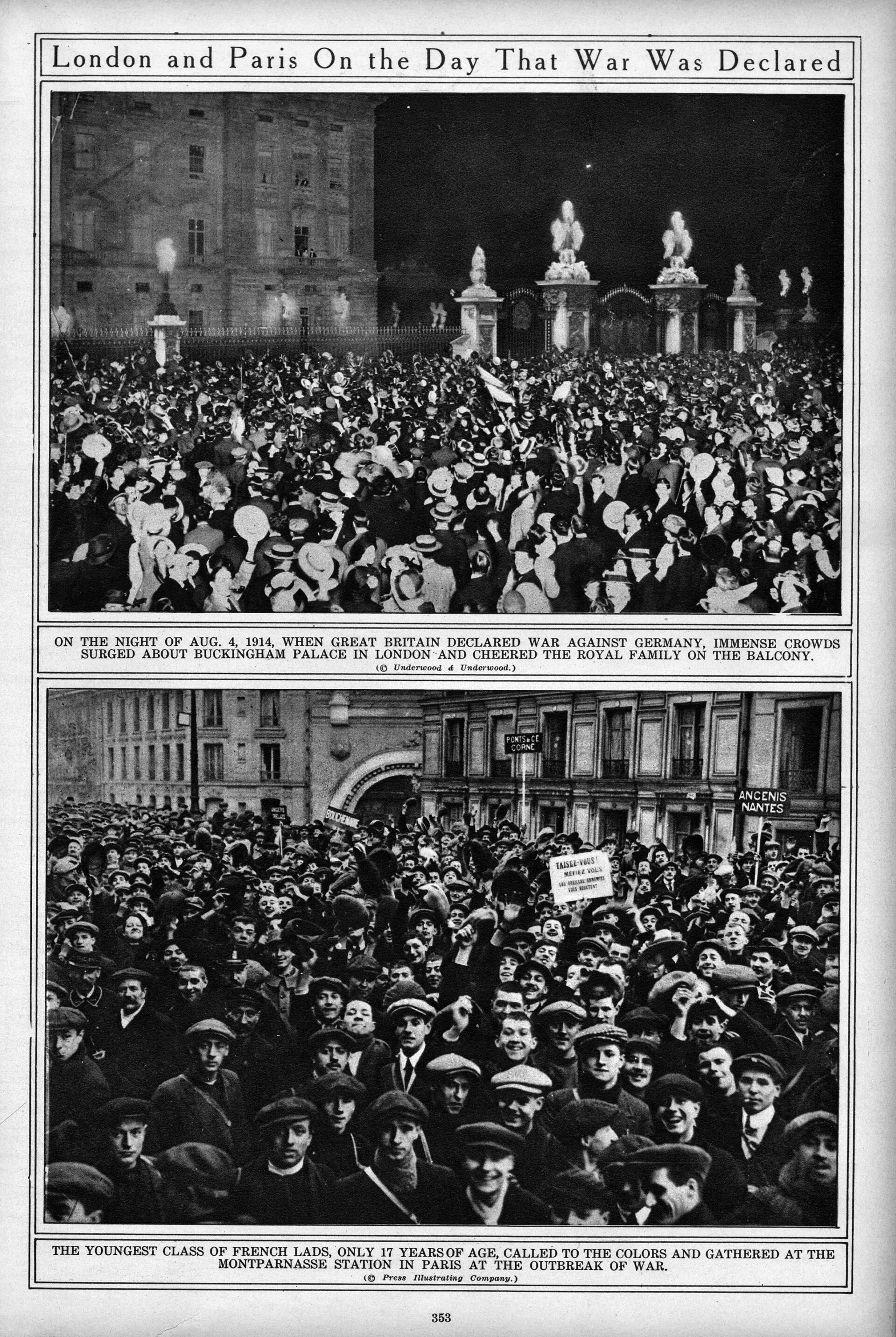 Crowds gather outside Buckingham Palace in London and young French recruits assemble in Paris.