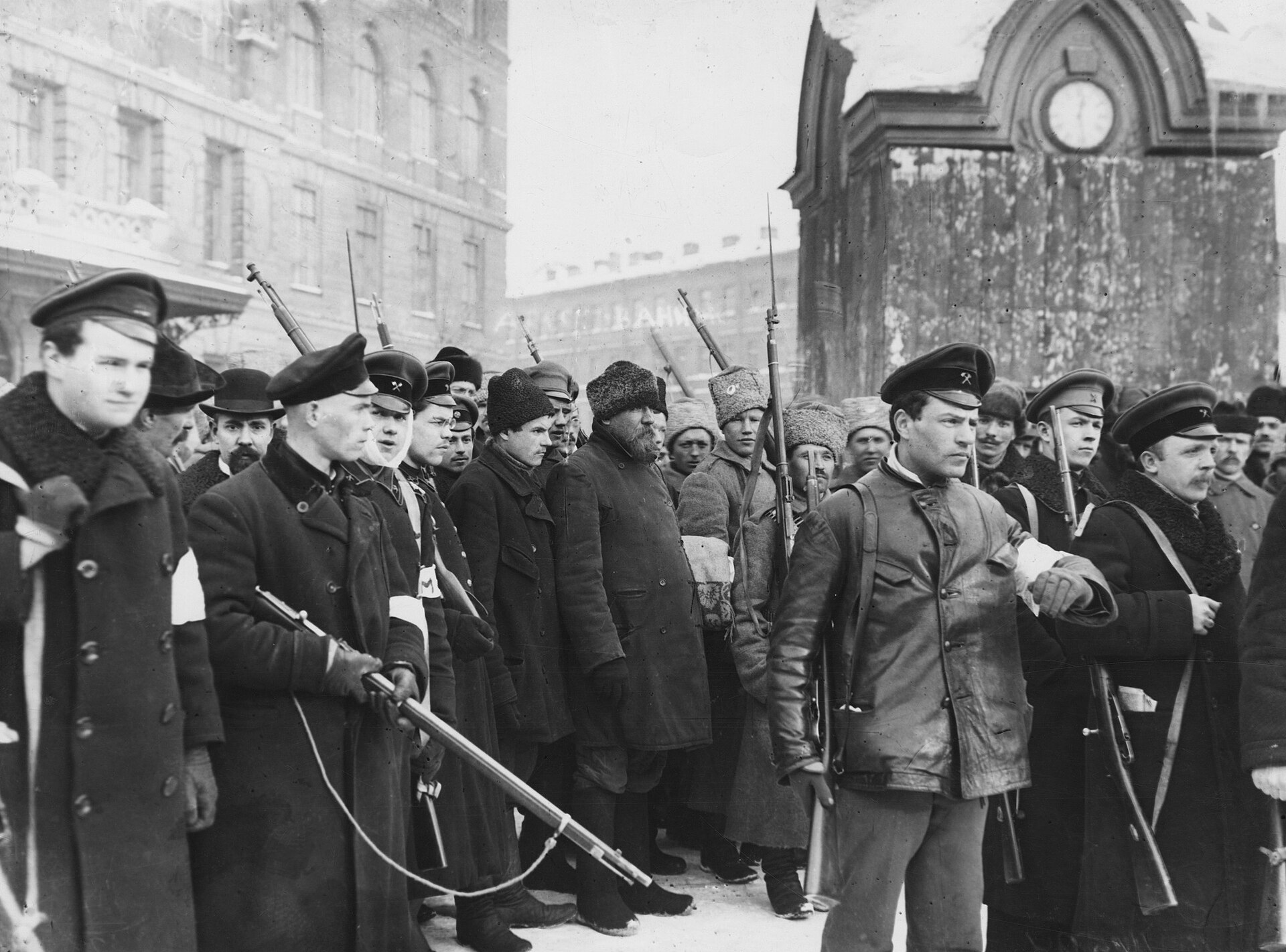 Armed men and civilians form a street patrol in Petrograd during the February Revolution.