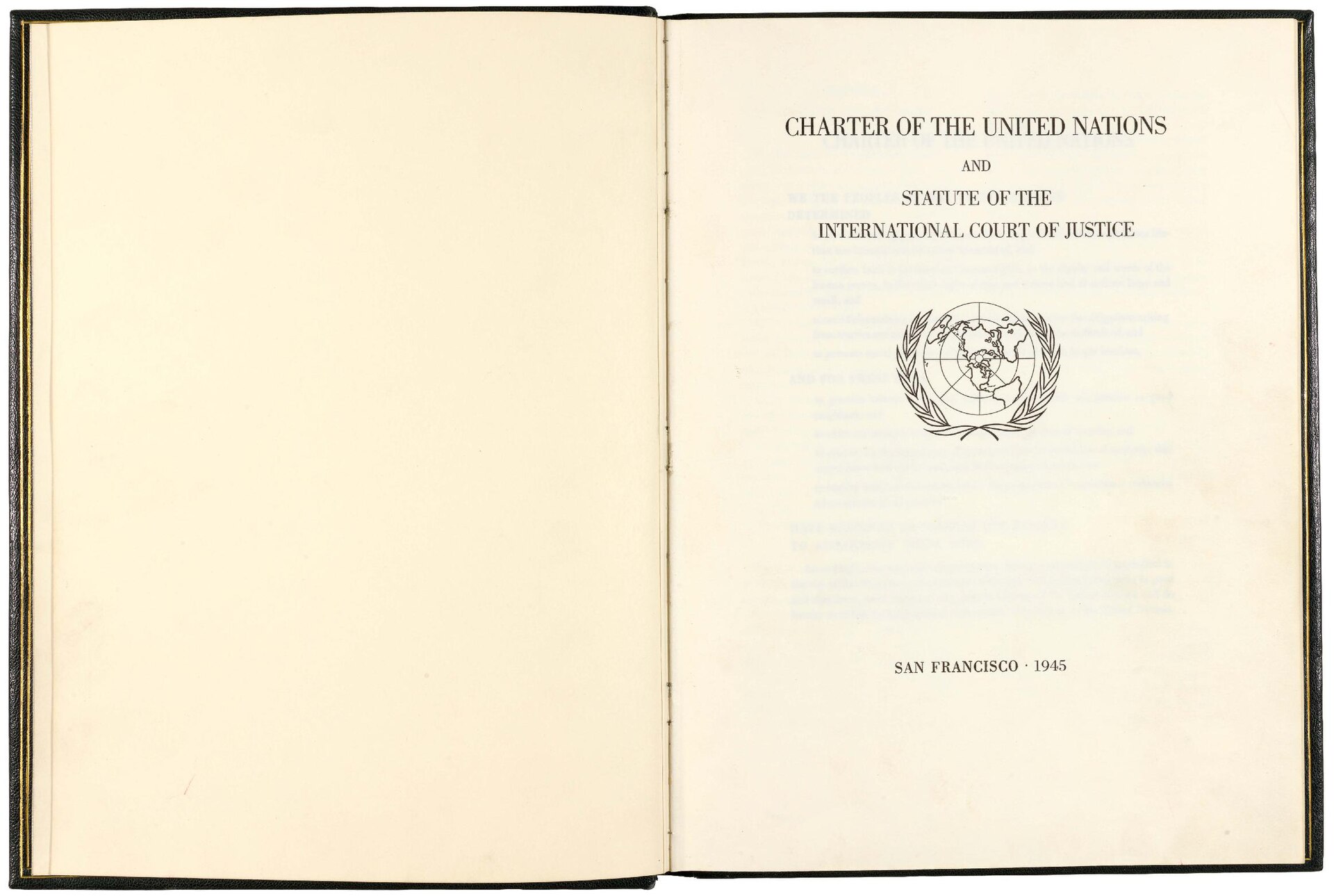 The title page of the official Charter of the United Nations appears in a government archival copy.