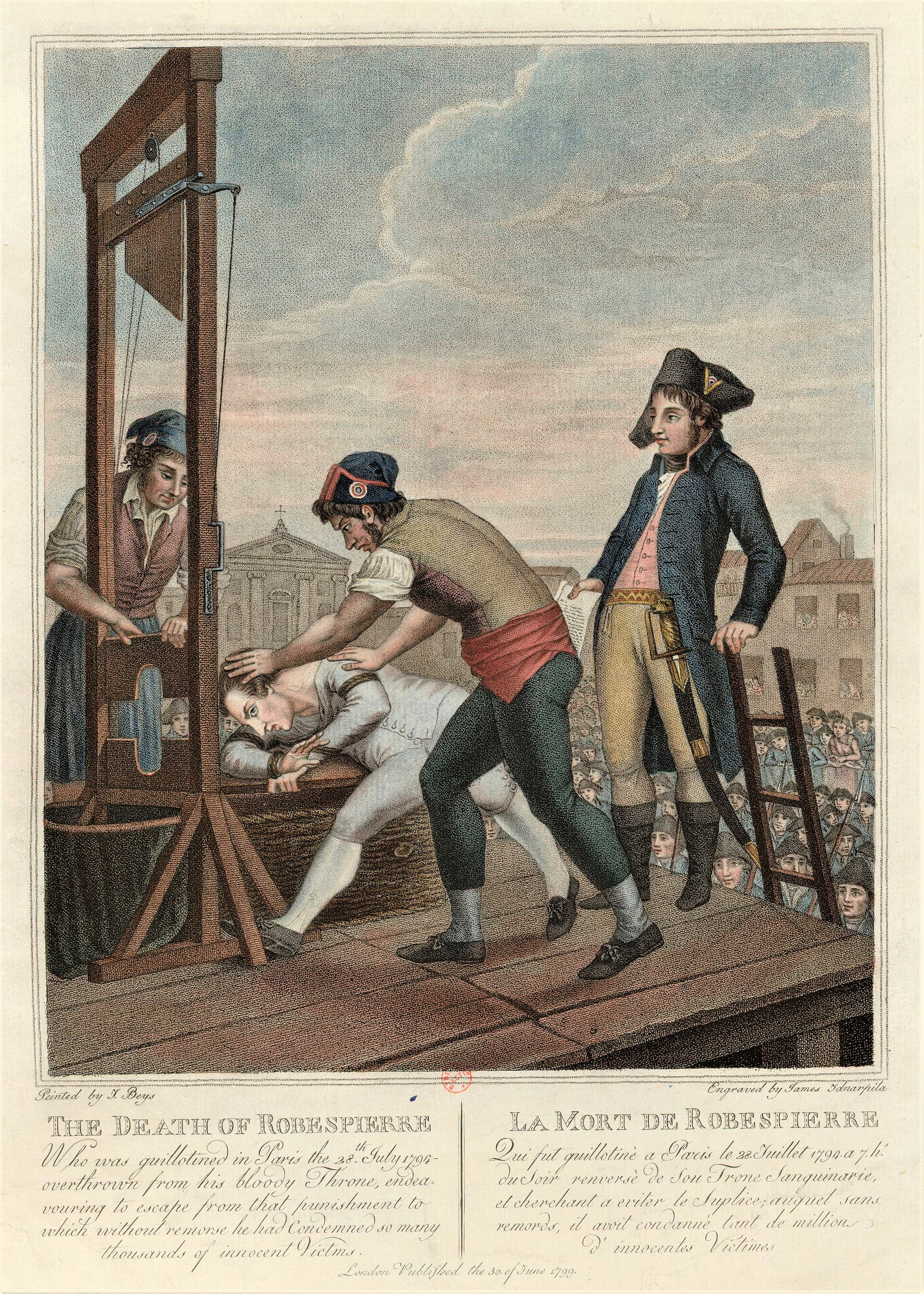 A dense crowd watches prisoners brought to the guillotine in the Place de la Révolution.