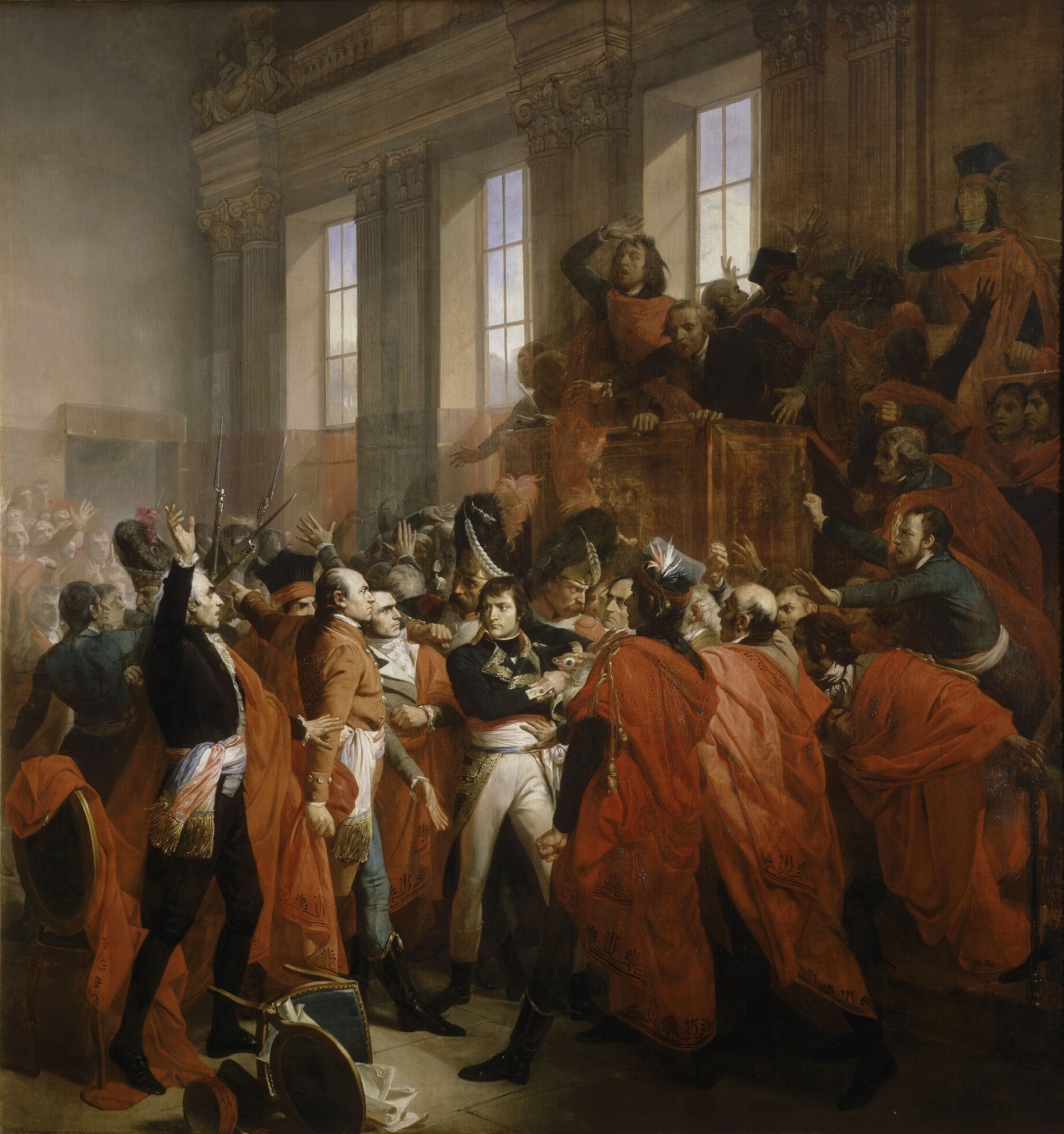 Napoleon Bonaparte faces agitated deputies in the Council of Five Hundred while soldiers enter the chamber.