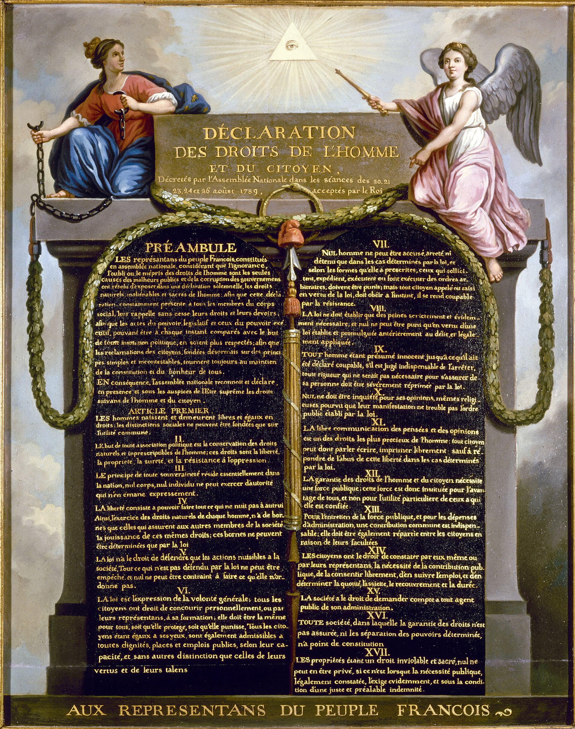The articles of the declaration appear on two stone-like tablets beneath allegorical figures and a radiant eye.