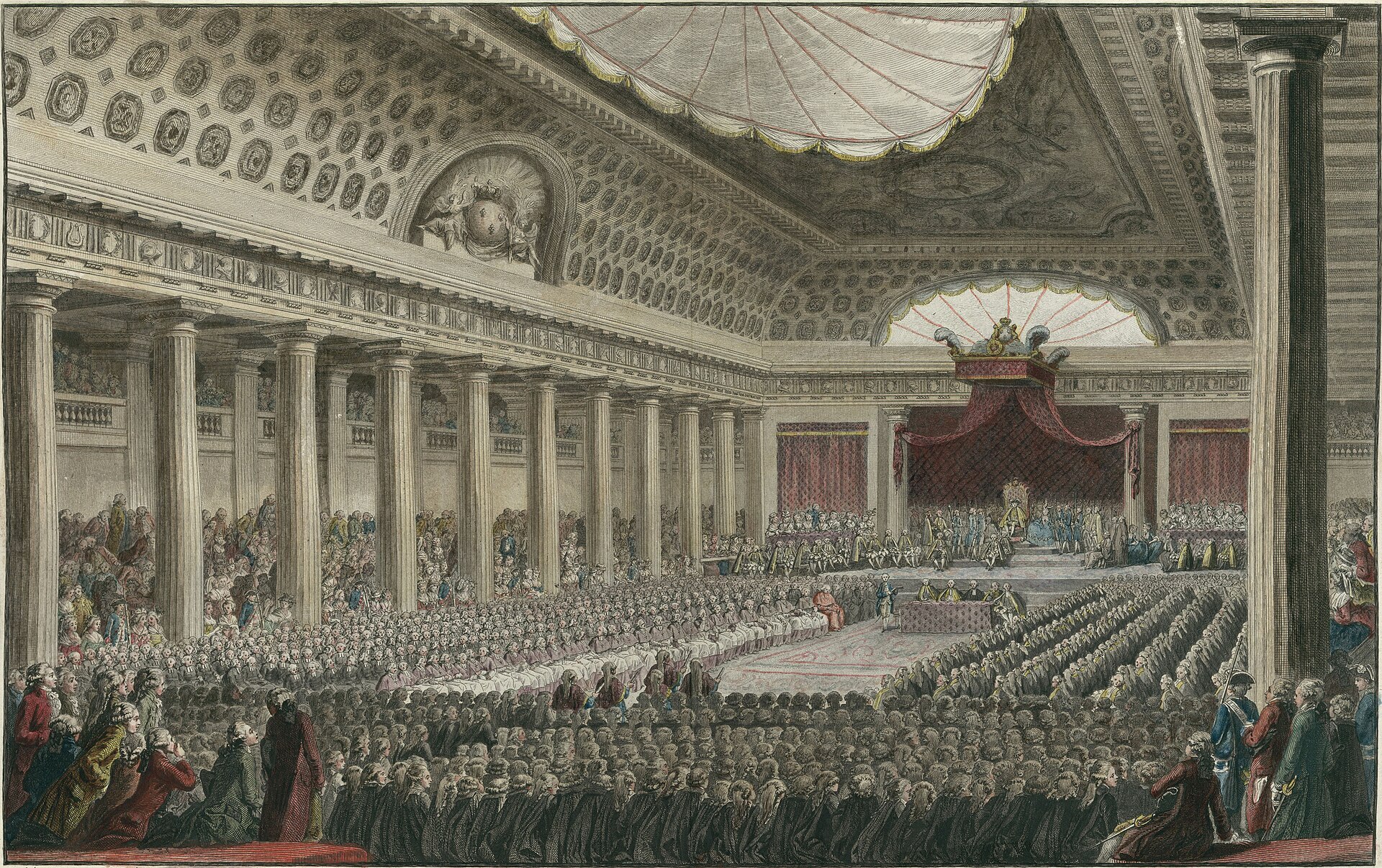 Deputies of the three estates fill a grand hall at Versailles while the king presides from a raised platform.