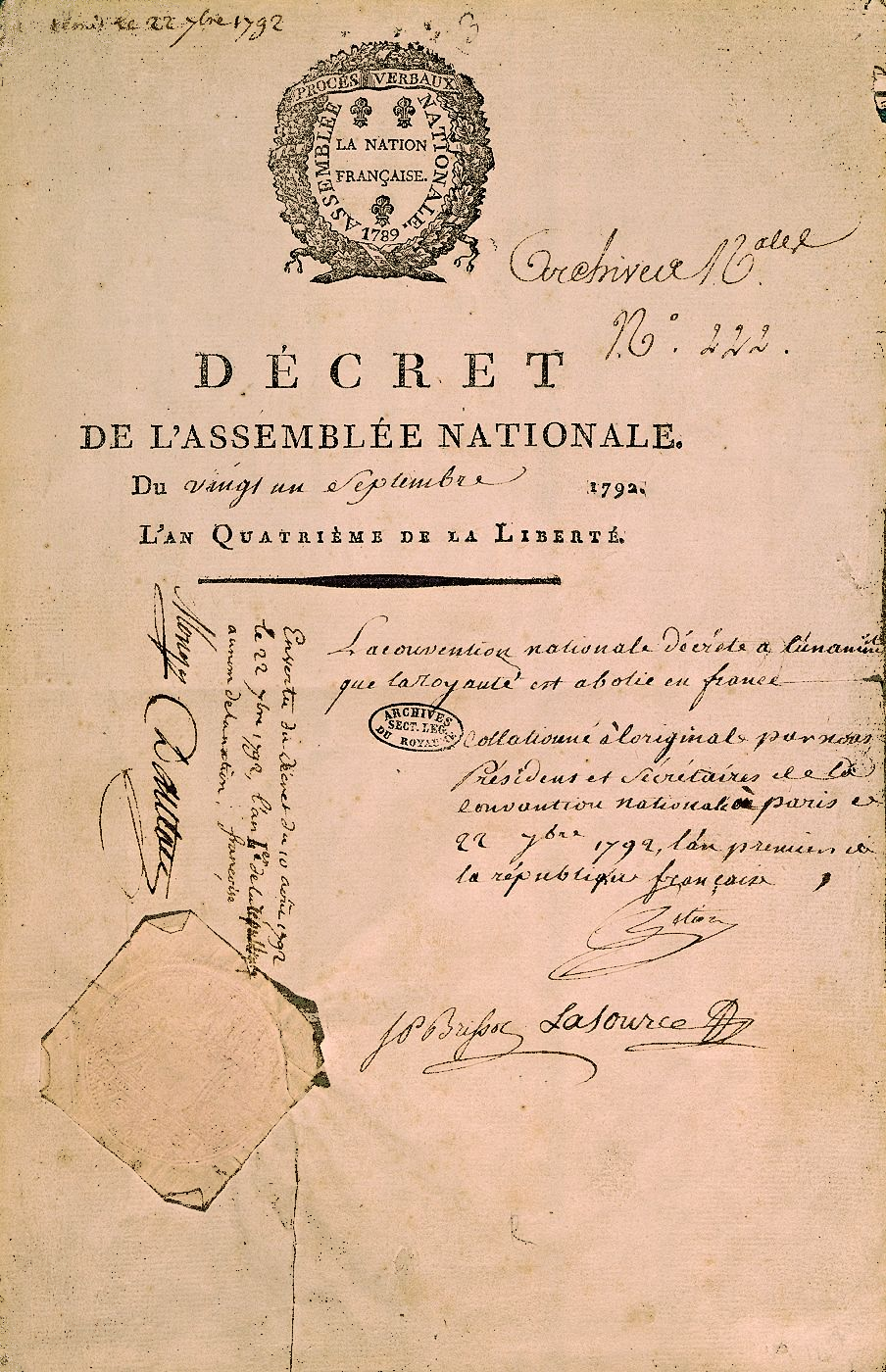A handwritten decree bearing the signatures of National Convention officials abolishes the French monarchy.