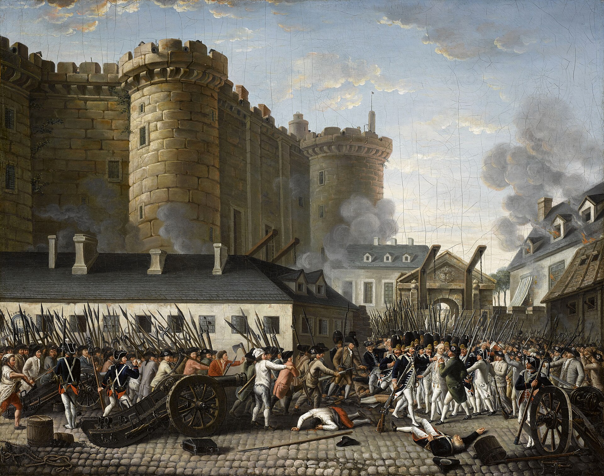 Crowds and soldiers exchange fire around the Bastille as smoke billows across the fortress walls.
