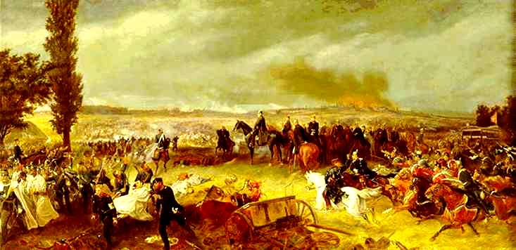Prussian infantry advance through smoke during the Battle of Königgrätz.