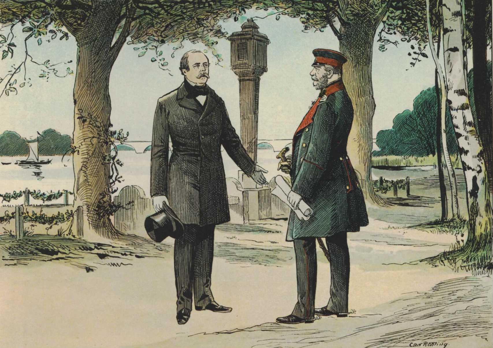 Bismarck stands before King William I during an audience in a palace room.