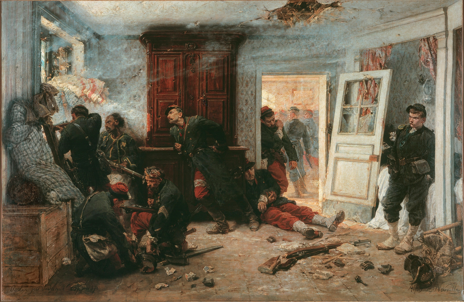 French soldiers defend a damaged building during the Franco-Prussian War.