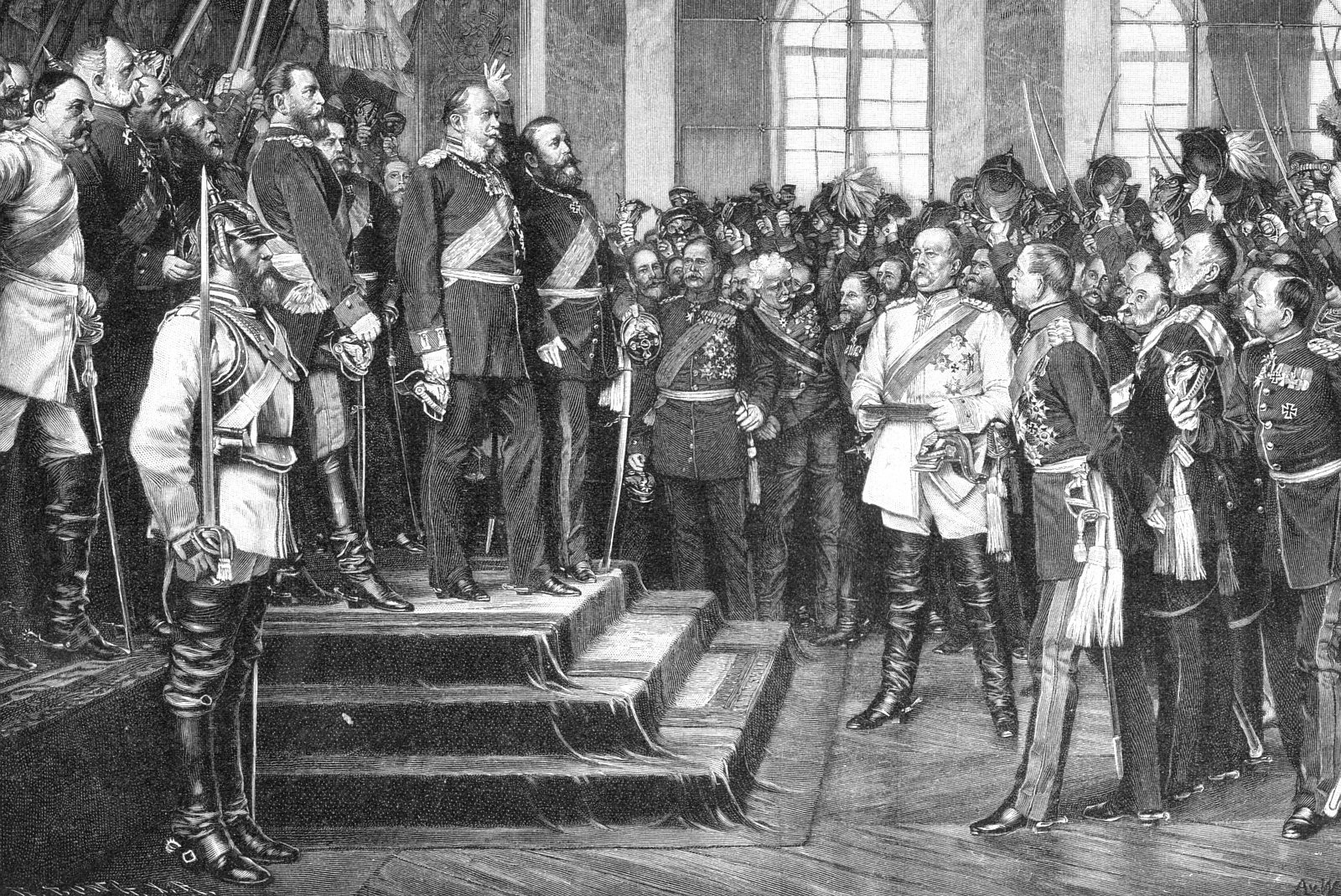 German princes and officers acclaim King William I in the Hall of Mirrors at Versailles.
