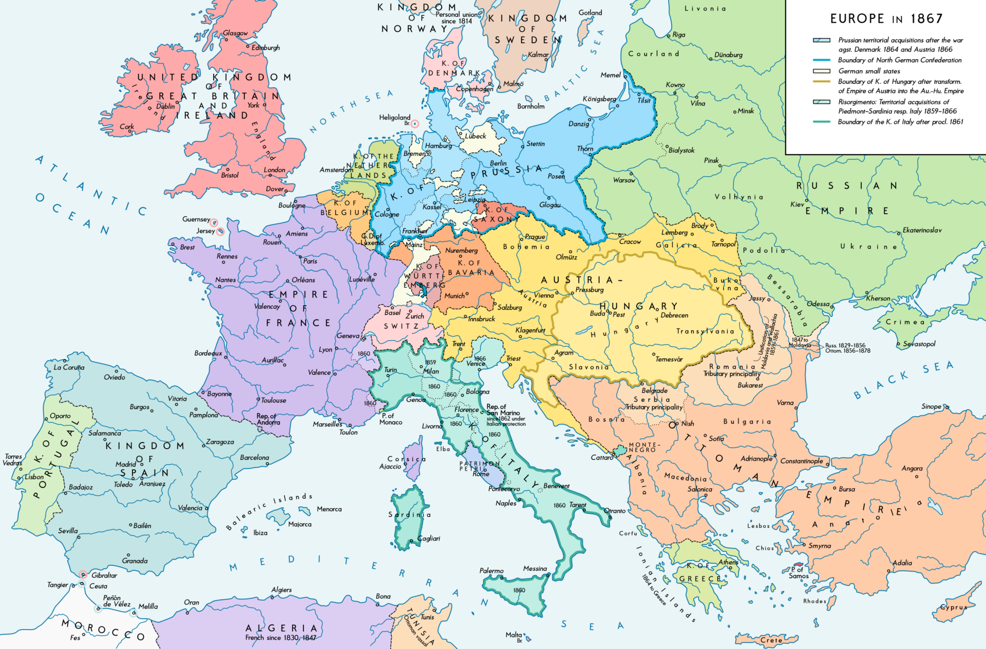 A political map of Europe in 1867 highlights the North German Confederation under Prussian leadership.