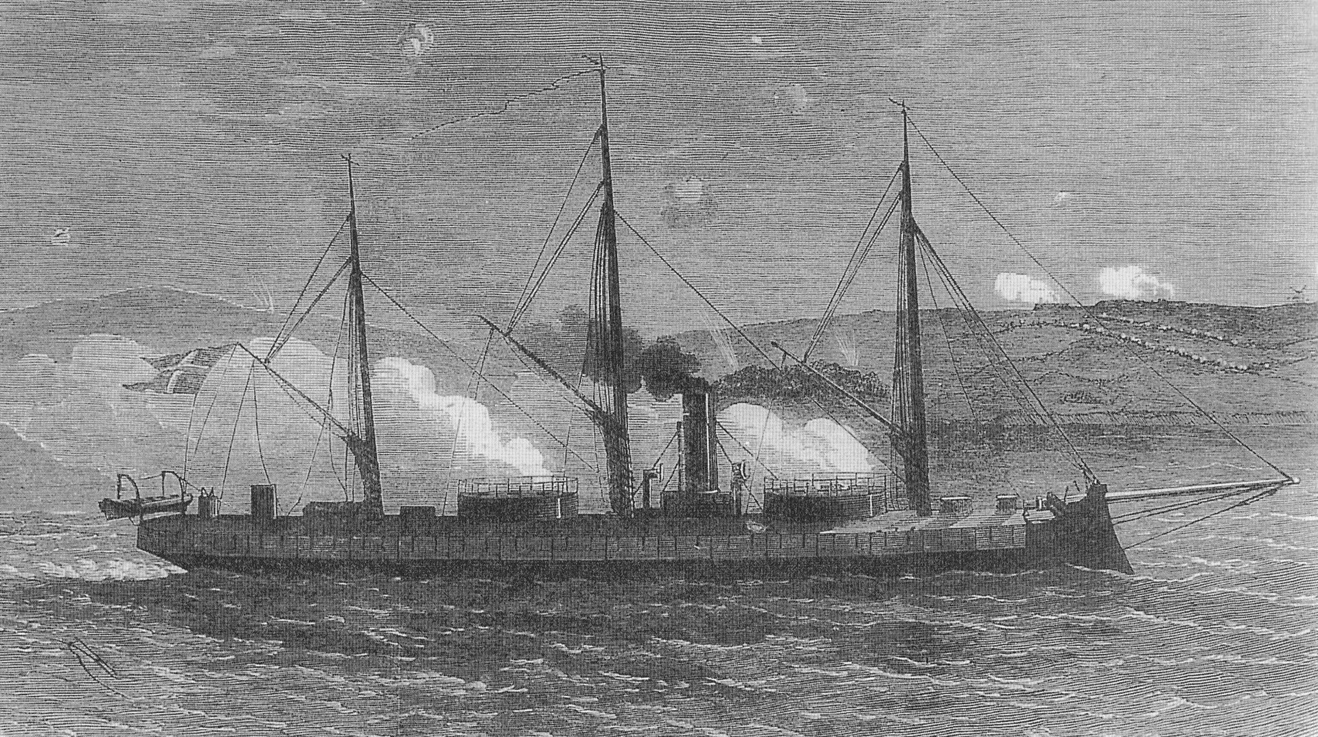 The Danish ironclad Rolf Krake fires toward Prussian positions through smoke near the shore at Dybbøl.