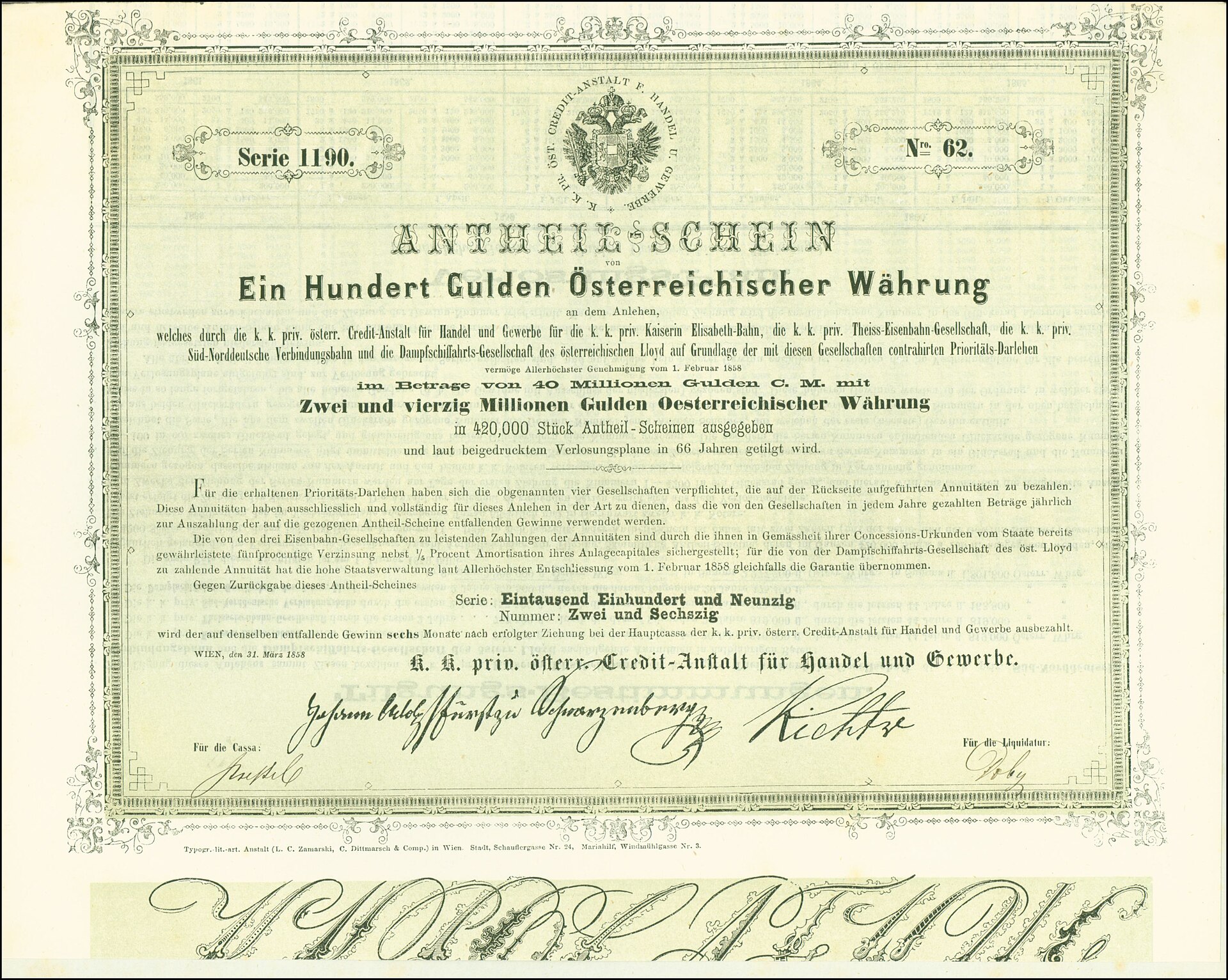 An ornate nineteenth-century share certificate for the Vienna-based Creditanstalt bank is printed in German.