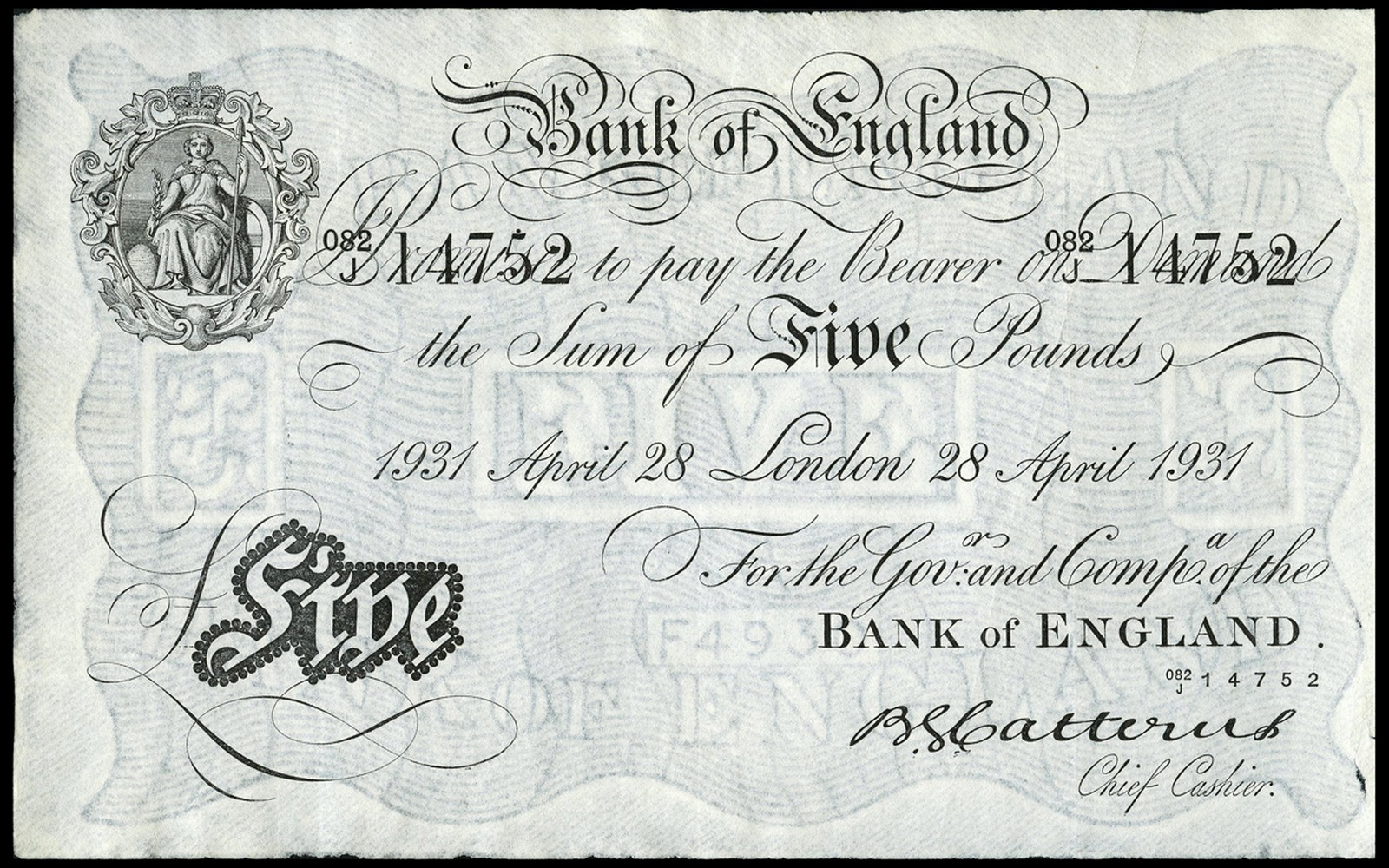 The front and back of a white Bank of England five-pound note issued in 1931 are shown together.