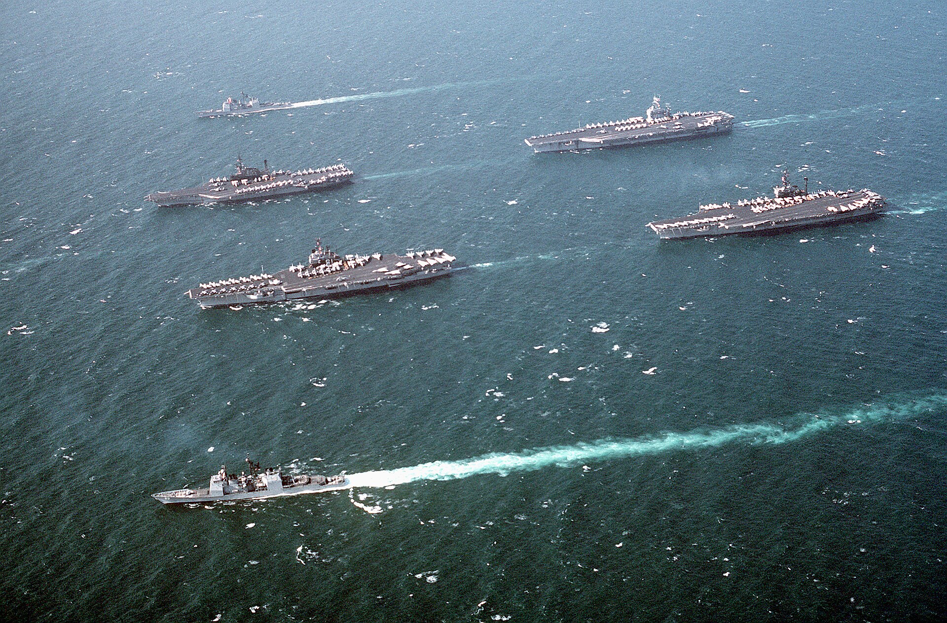 United States Navy ships of Battle Force Zulu steam in formation in the Persian Gulf after the ceasefire.