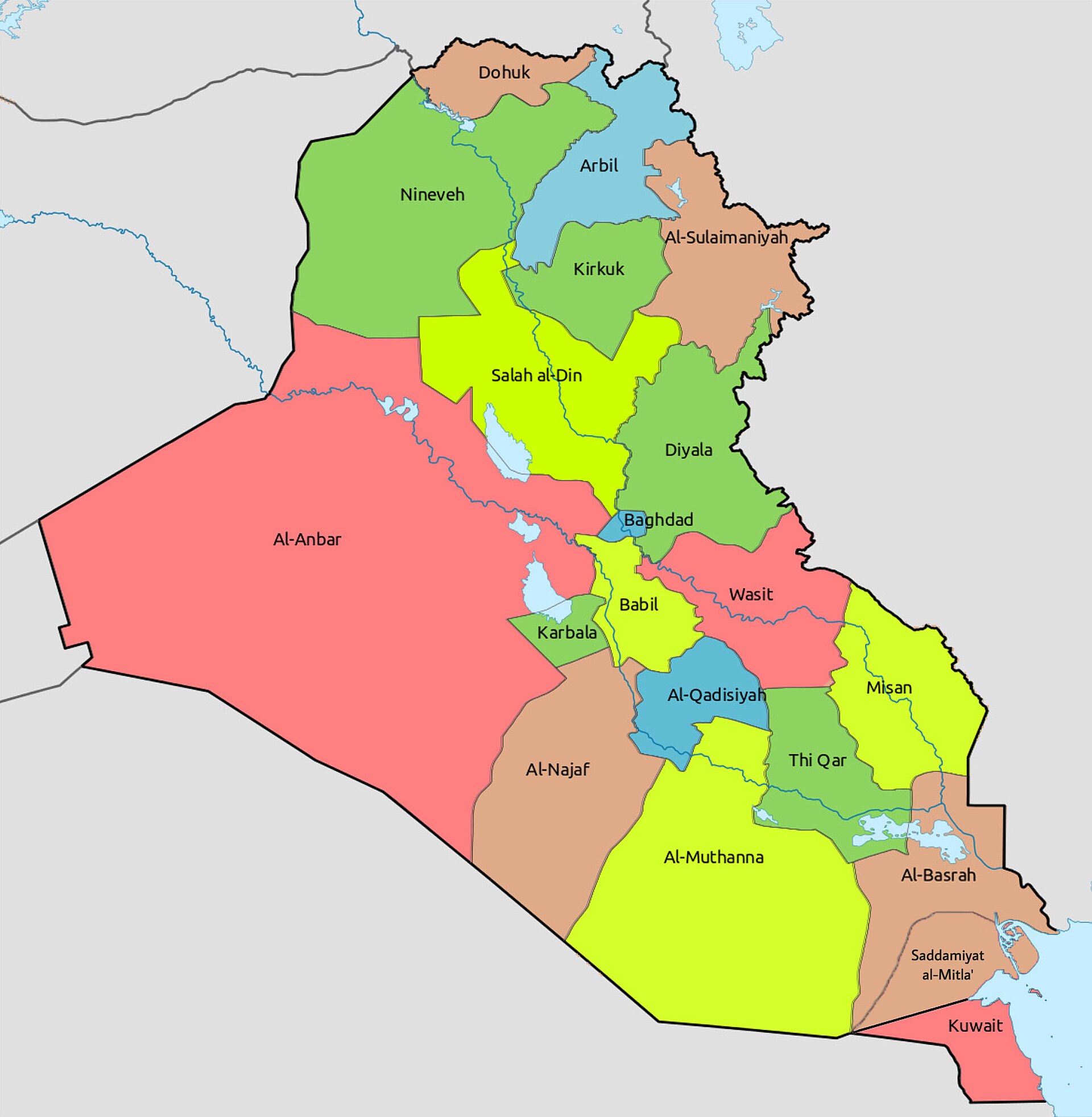 A map depicts Kuwait incorporated into Iraq as the nineteenth governorate during the 1990 occupation.