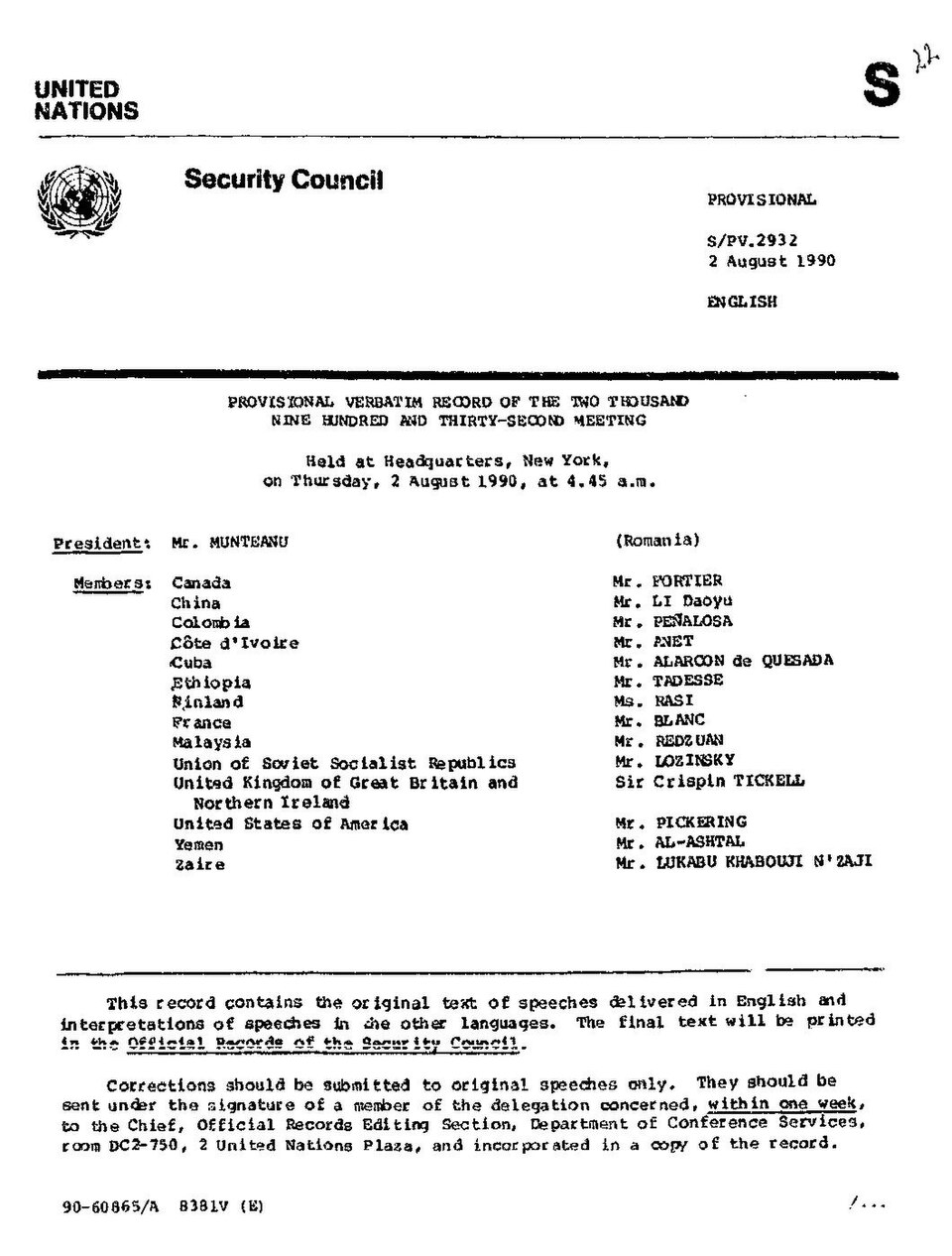 The official record of the United Nations Security Council meeting held after Iraq invaded Kuwait.