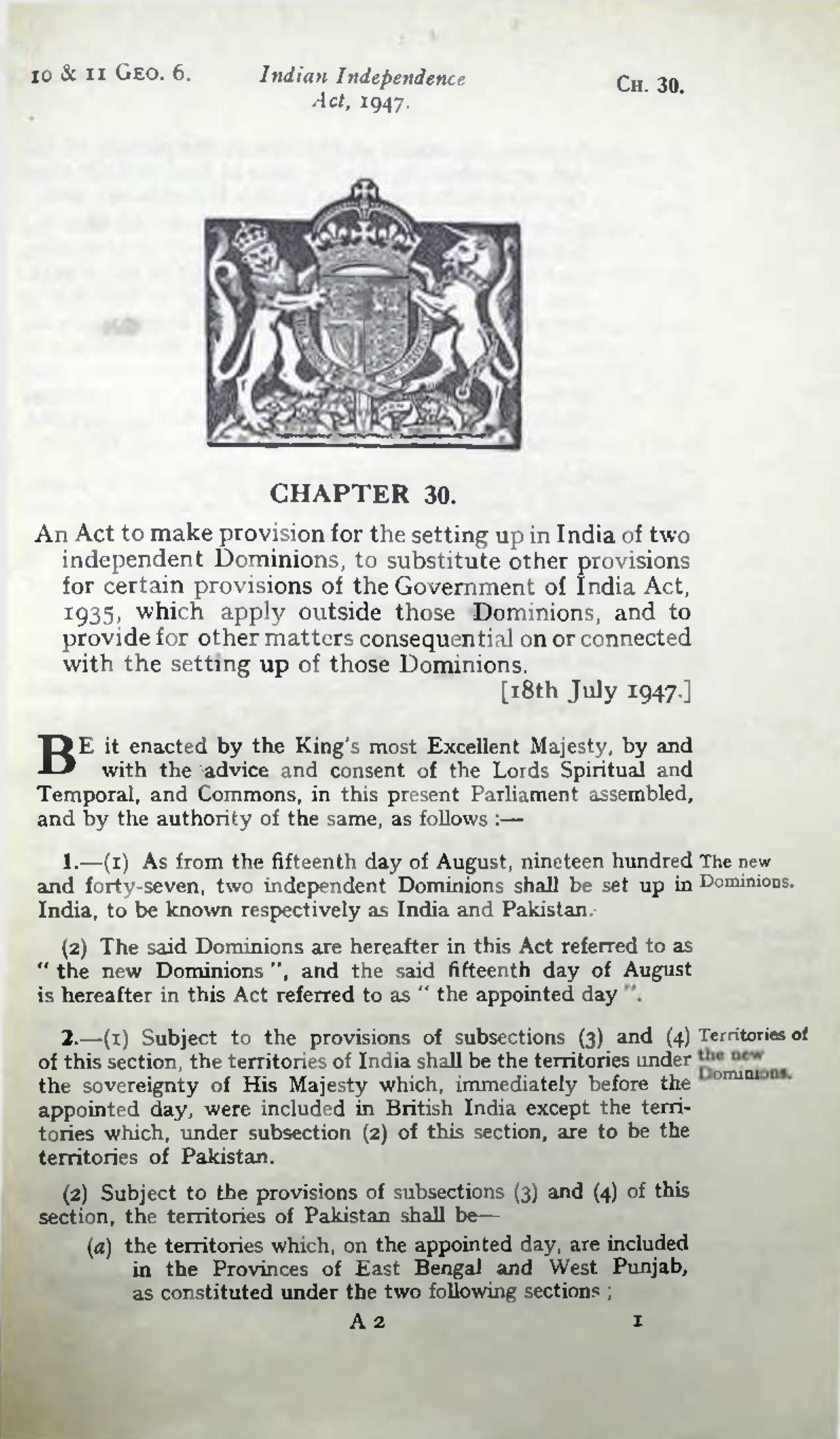 The printed first page of the Indian Independence Act 1947 sets out the creation of two independent dominions.