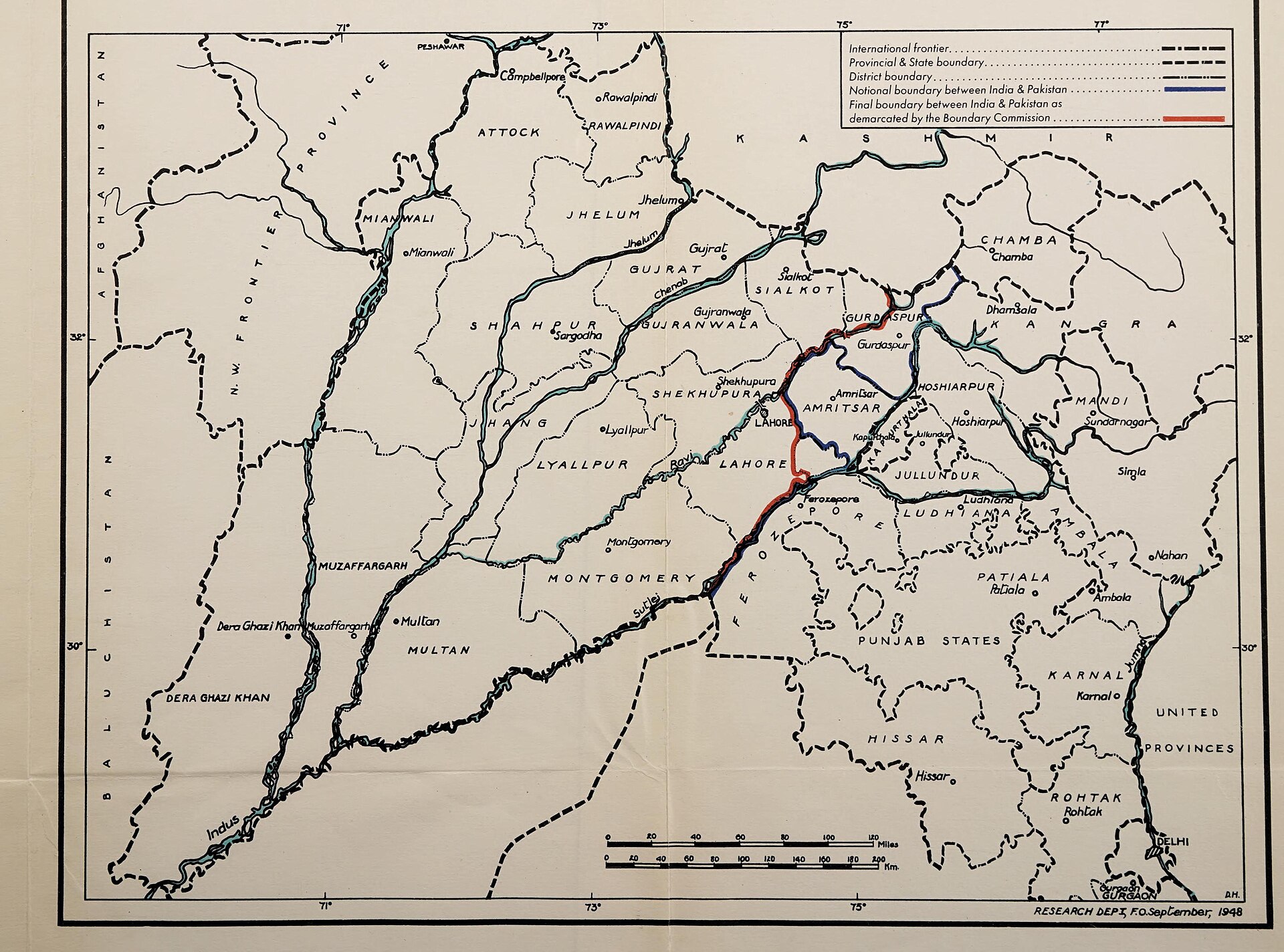A British Foreign Office map shows the partition boundary dividing Punjab between India and Pakistan.