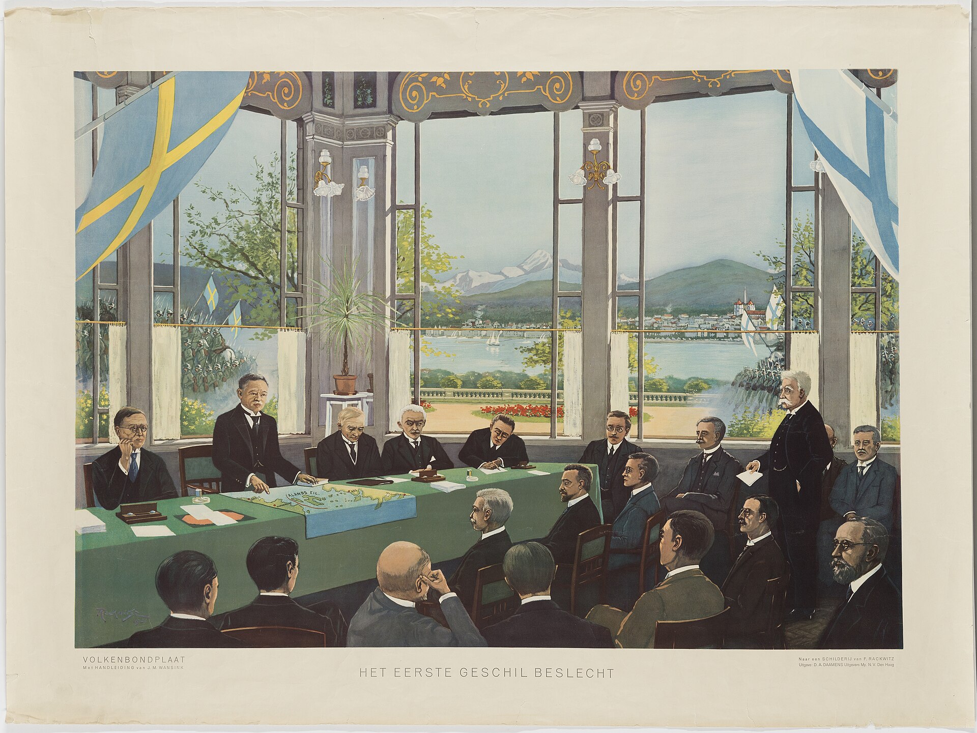 League delegates from several countries sit around a horseshoe table during the Åland Islands arbitration.