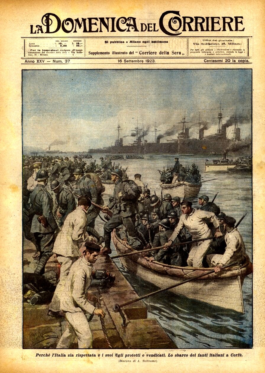 Italian troops come ashore from small boats at Corfu while warships lie offshore.
