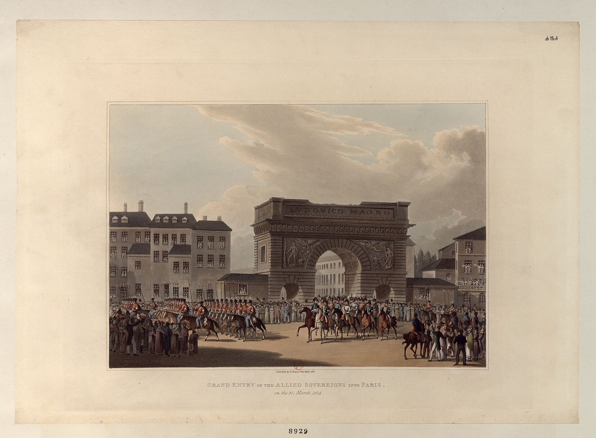 Mounted sovereigns and cavalry ride down a wide Paris boulevard between crowds.